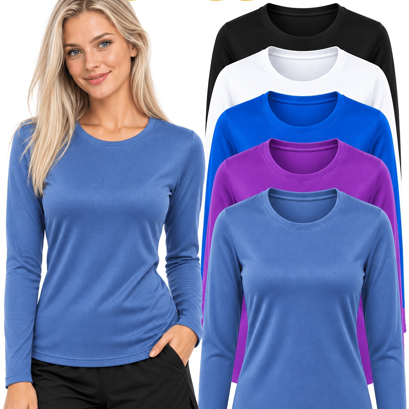 TEMU 5pcs Women's Long Sleeve Shirts, Soft Breathable Tops, Skin-friendly Basic Tees, Lightweight Casual Layering Shirts For Work, Travel, & Casual