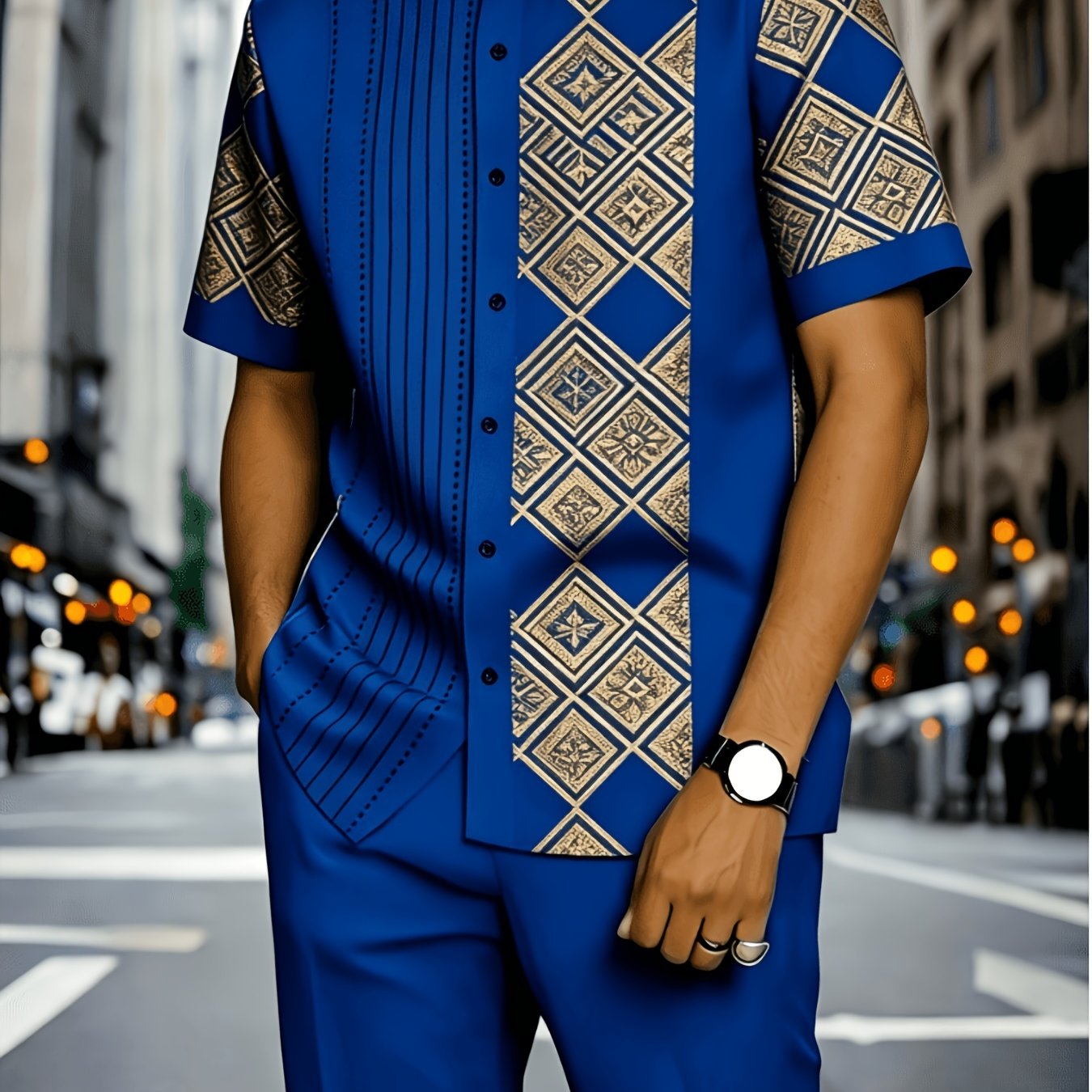 Image of 2pcs European And American Men's Casual Suit Set, Including A Short-sleeved Shirt And Long Pants, Geometric Print Sportswear, Suitable Outdoor Activities