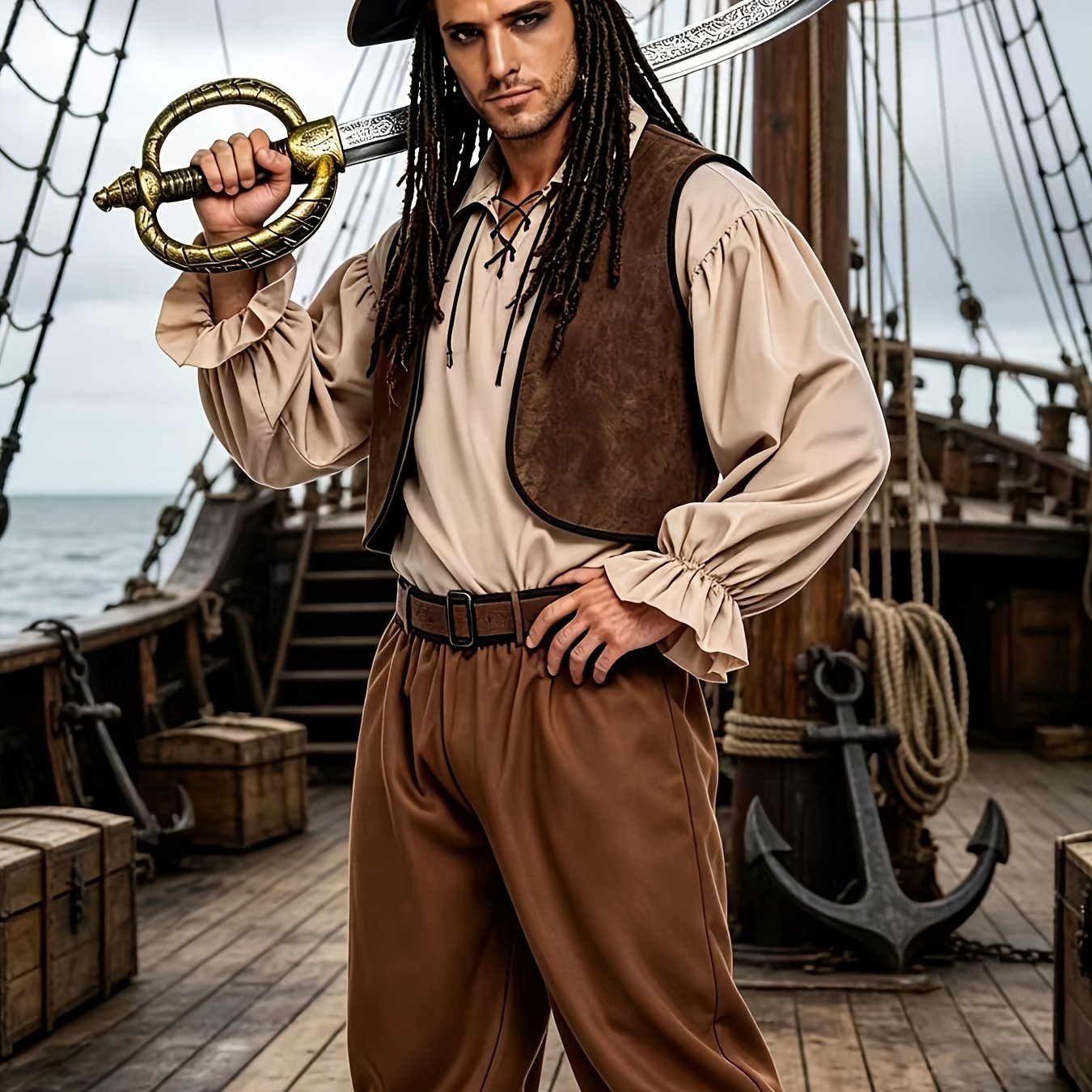 TEMU Halloween Costume Pirate Captain Adult Men's Adventure Fun Role-playing Costume [shirt, Pants, Hat, Belt, Vest], Suitable For Halloween,