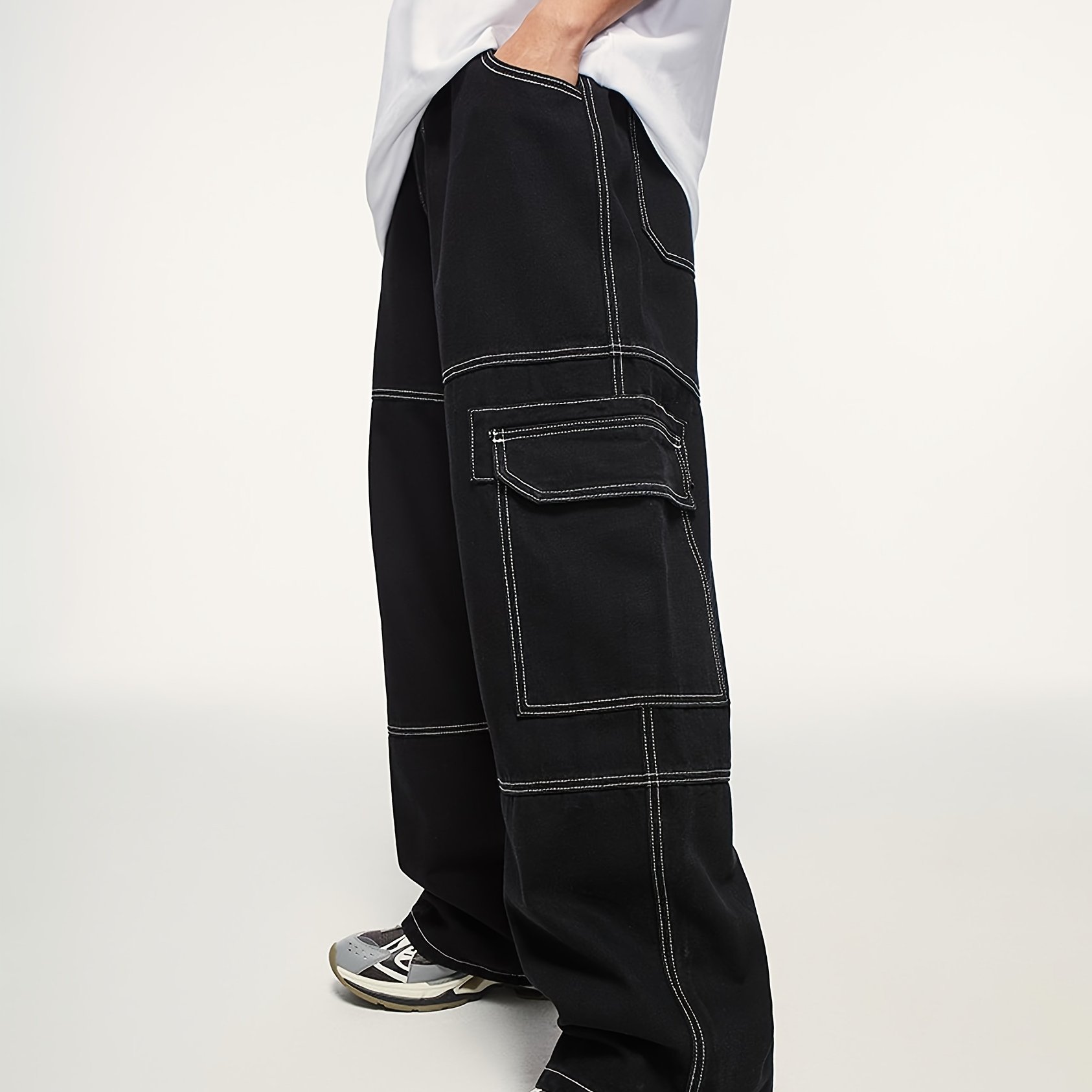 TEMU Men's Oversized Work Jeans With Large Pockets, Ideal For Street Style, Hip-hop, Street Dancing, Skateboarding, Cycling, And Everyday Casual Wear