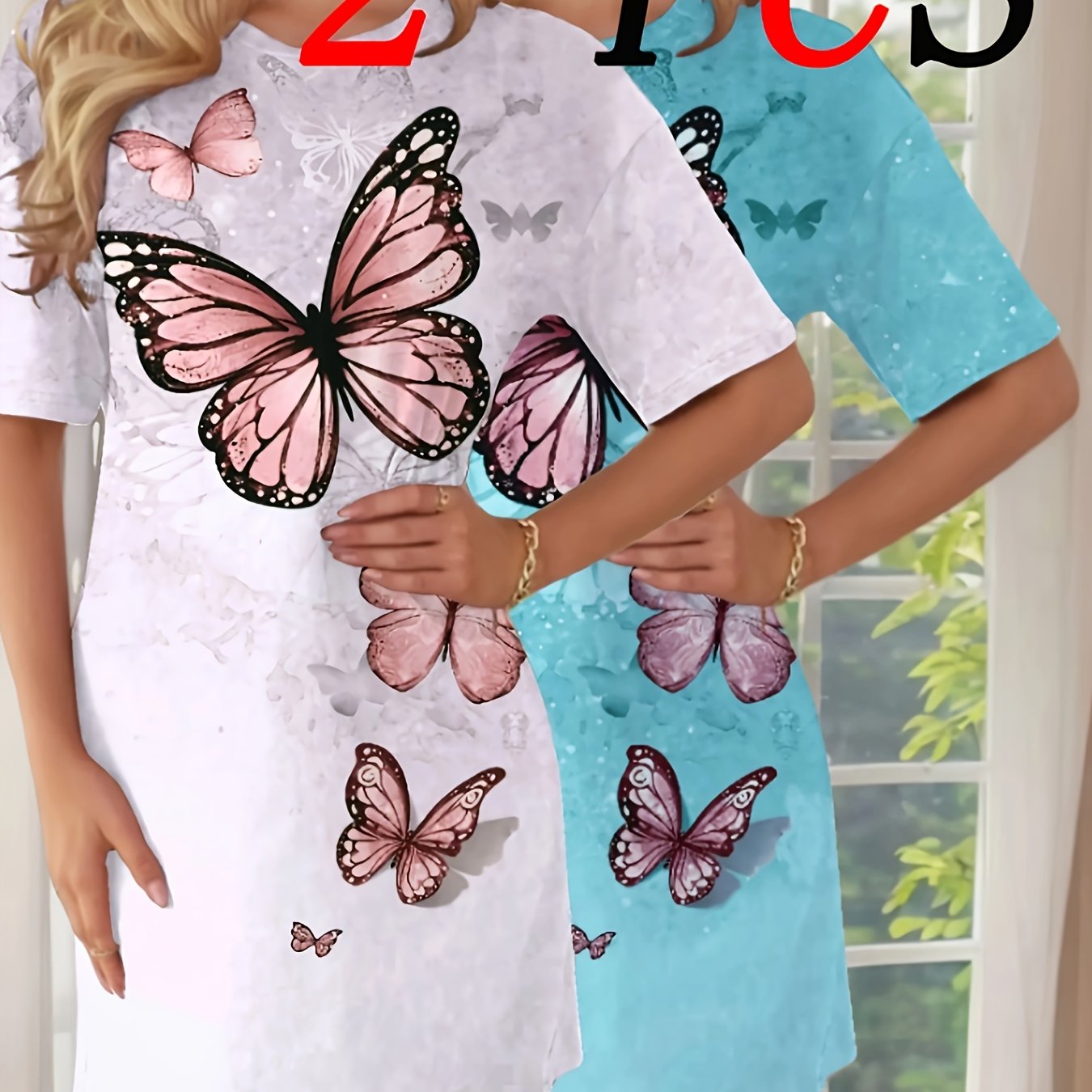 Image of 2pcs Women's Pajama Dress, Short Sleeve Round Neck T-shirt Dress, Comfortable Sleepwear
