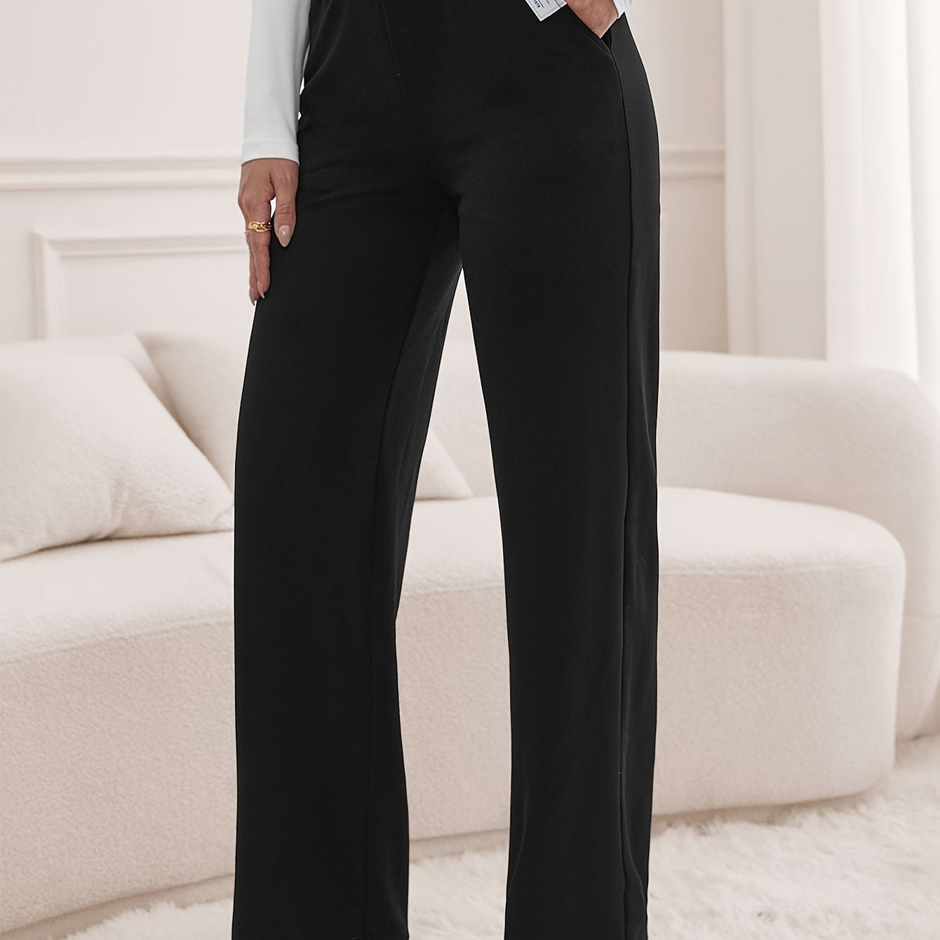 Image of High-waisted Straight-leg Pants With Letter - Mid-stretch Trousers Suitable For - Wear, Casual & Dressy Outfits - Machine Washable Straight Leg Pants With High Waistline