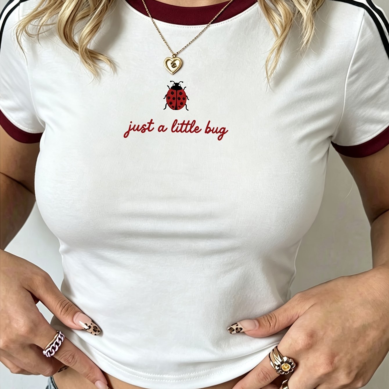 TEMU 1pc Summer Women's Contrast Short Sleeve T-shirt, Casual Commute Outfit Cute Fun Creative Ladybug Pattern Print Top, Summer Outing Wear, Top