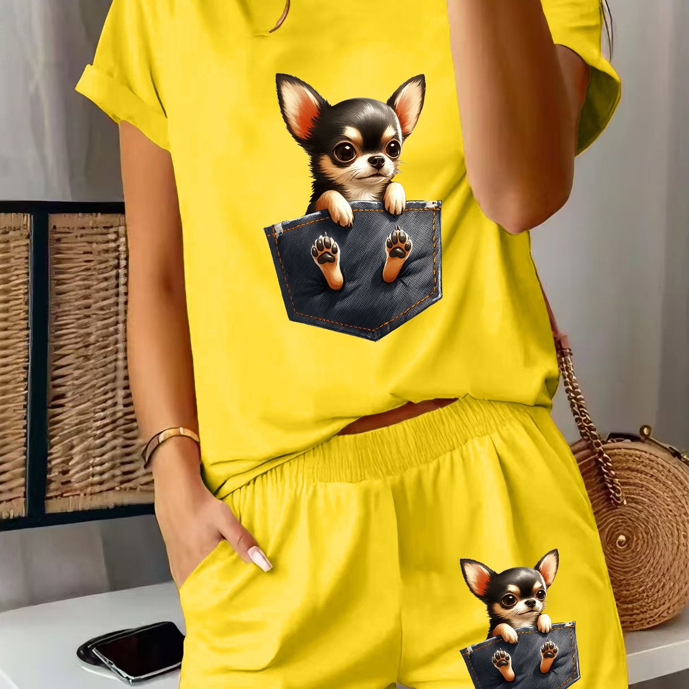 TEMU 2pcs Women's Spring Short Sleeve Pajamas & Daywear Matching Shorts - Chihuahua Dog Print Sleepwear, Pajama Outfit With Pocket, Machine Washable