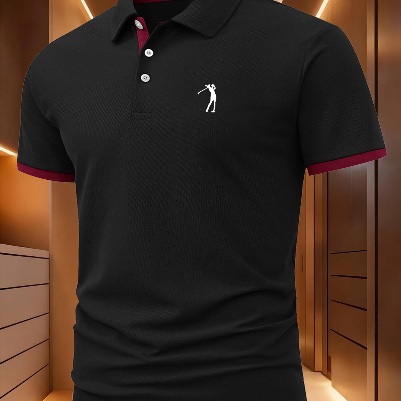 TEMU Summer Men's Straight Fit, Geometric Pattern Print, Color-block Slightly , High-end Comfortable Outdoor Golf Shirt Lapel Sports Casual
