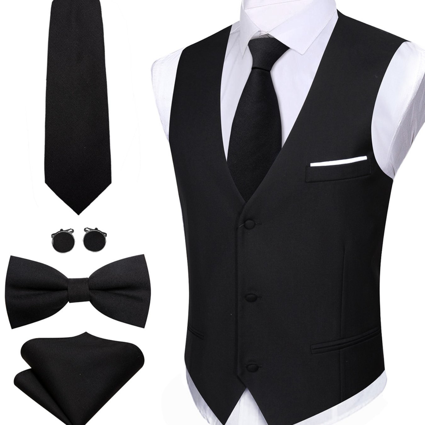 Black Mens Suit Vest Slim Fit V-neck Solid Color Waistcoat Tie Bowtie Hanky Dress Formal Business Tuxedo Wedding Party, Plus Size