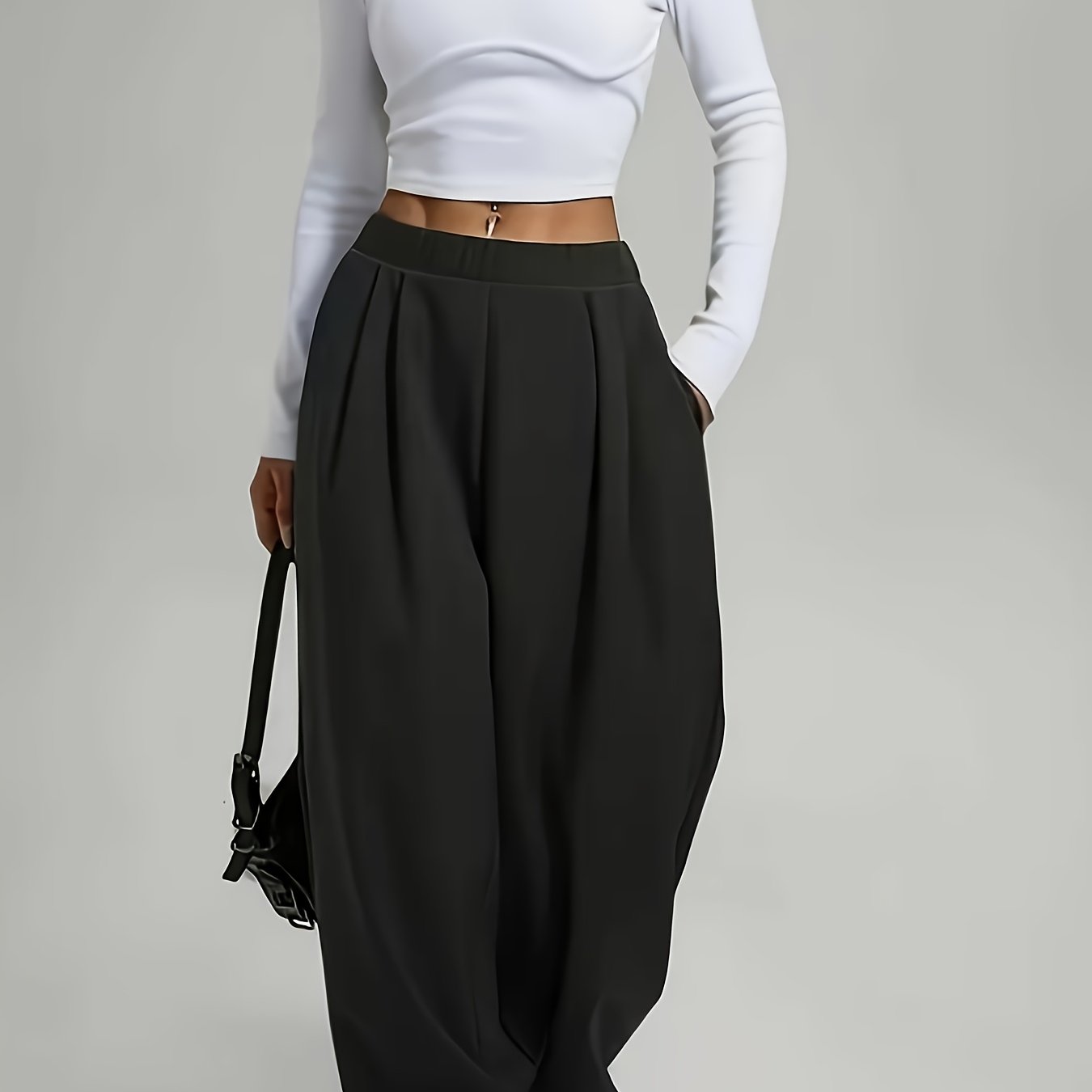 TEMU Plus Size - Plus Size - Dames Plus Size Losse Pasvorm Wijde Pijpen Midden Taille Pak Broek