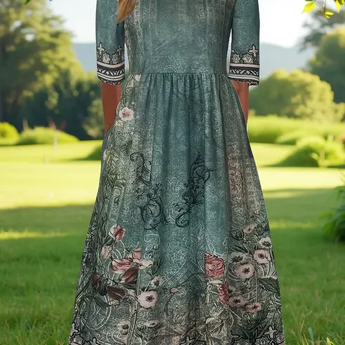 2025 summer ladies casual bohemian dress short sleeve crew neck pocket dress loose casual dress bohemian beach dress