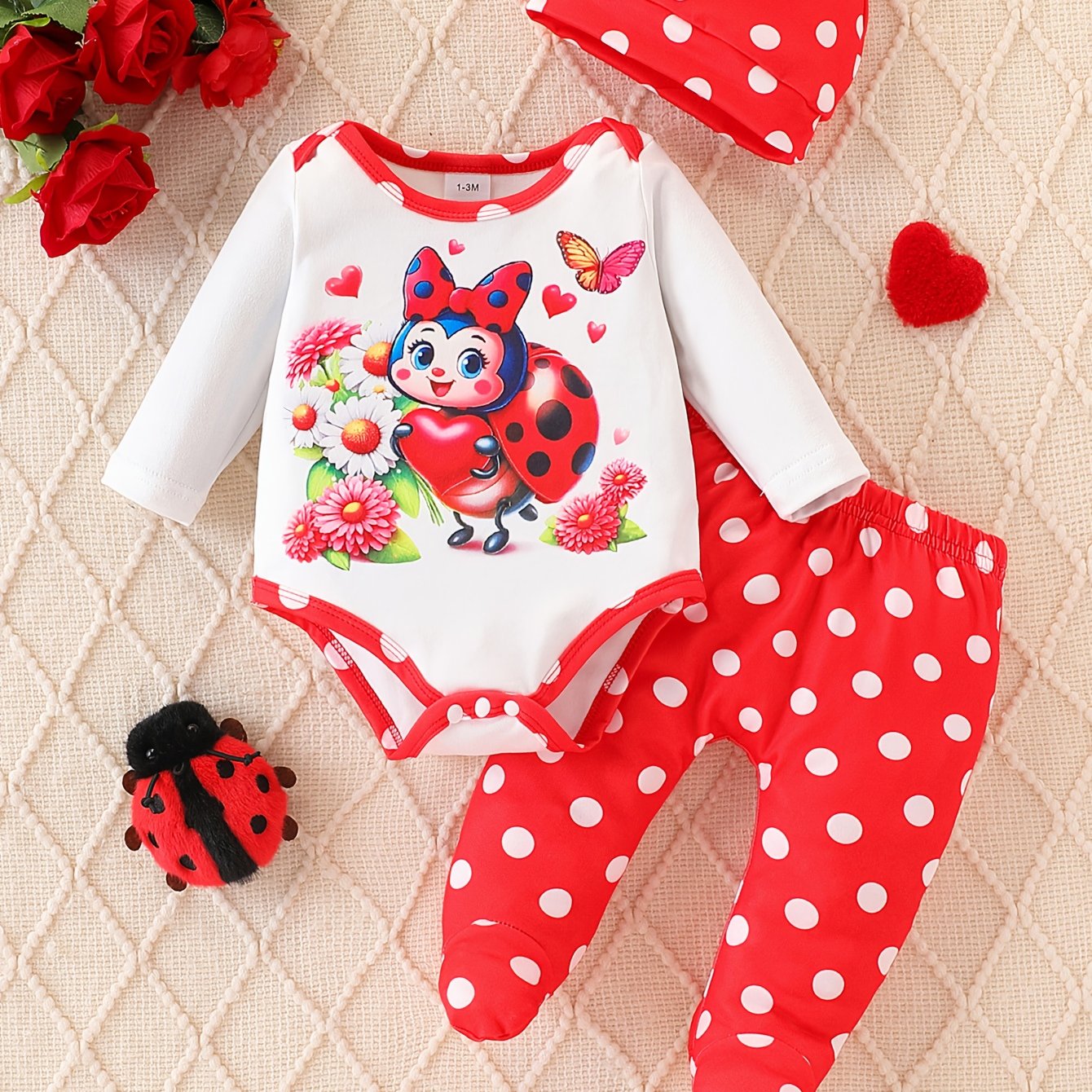 Image of 3pcs Newborn Spring/autumn Cartoon Ladybug Print Bodysuit And Polka Dot Pattern Long Pants With Hooded Cape, Toddler & Baby Girl Outfit Set - Perfect Gift , Perfect For Outdoor,christmas,halloween