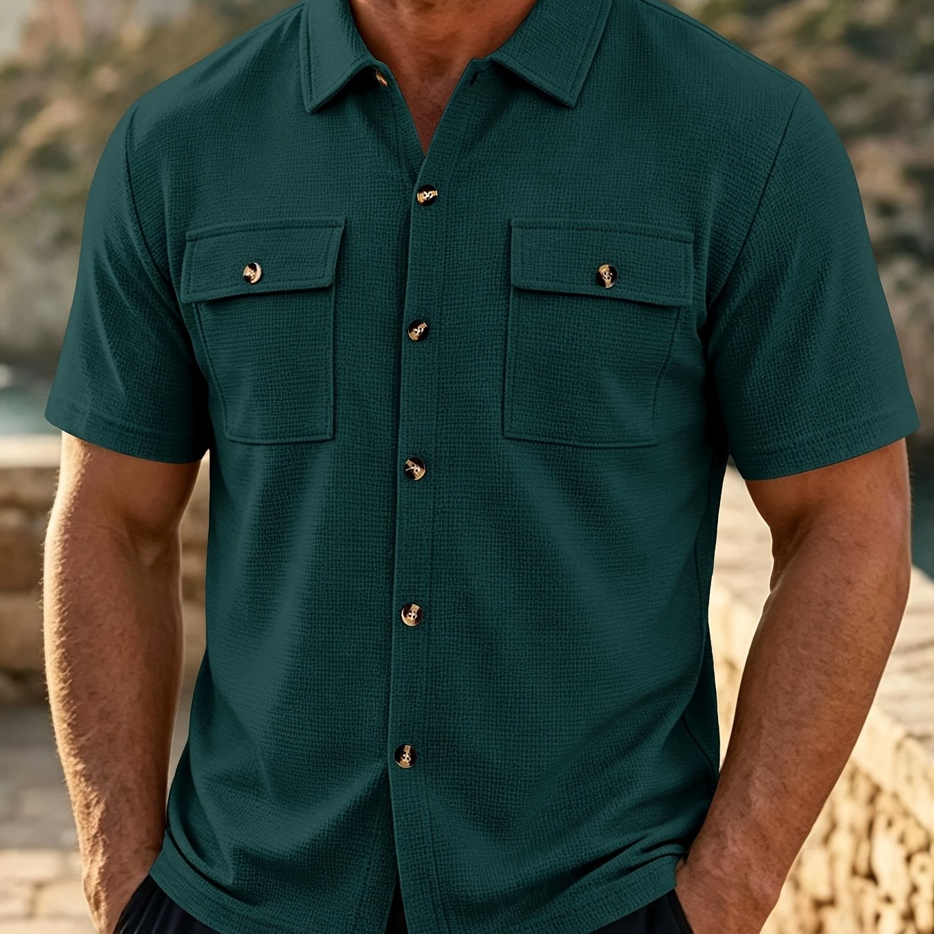 TEMU Men's Waffle Knit Short Sleeve Button Shirts, Casual Lapel Collar Work Shirts With Dual Chest Pockets, Lightweight Textured Summer Camp Shirt