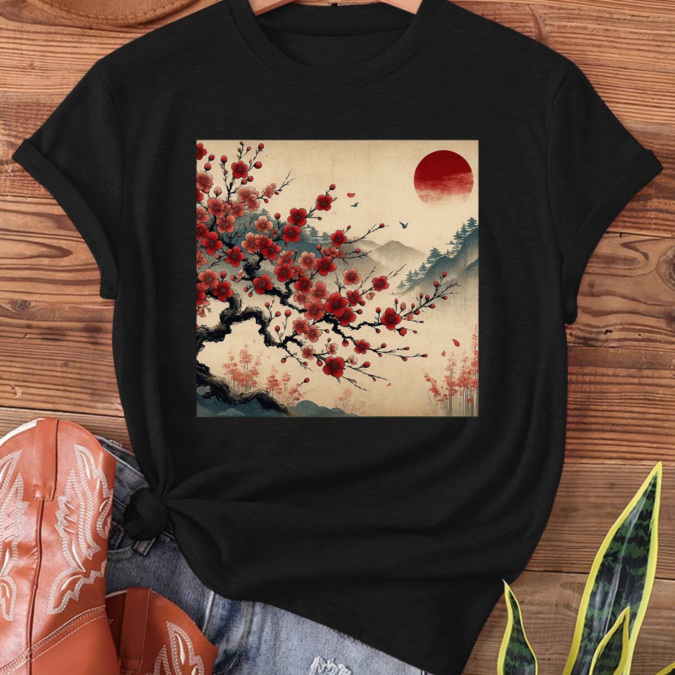 TEMU Women's Vintage Japanese Print T-shirt - Cherry & Red Sun - Design, Semi-sheer Short Sleeve Crew Neck -compatible For Styles, Machine Washable