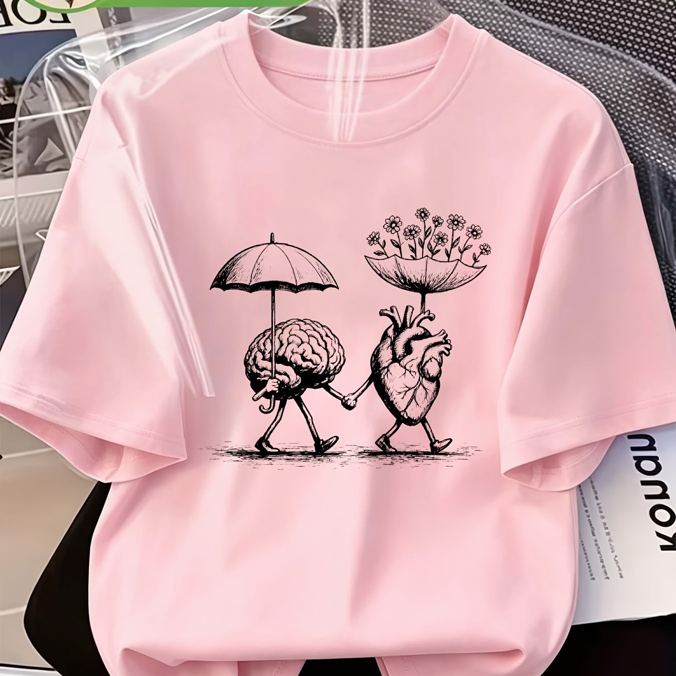 TEMU Short Sleeve T-shirt With , Heart Holding Hands Illustration Print, Unique Niche Loose Neck Top For Men And Women