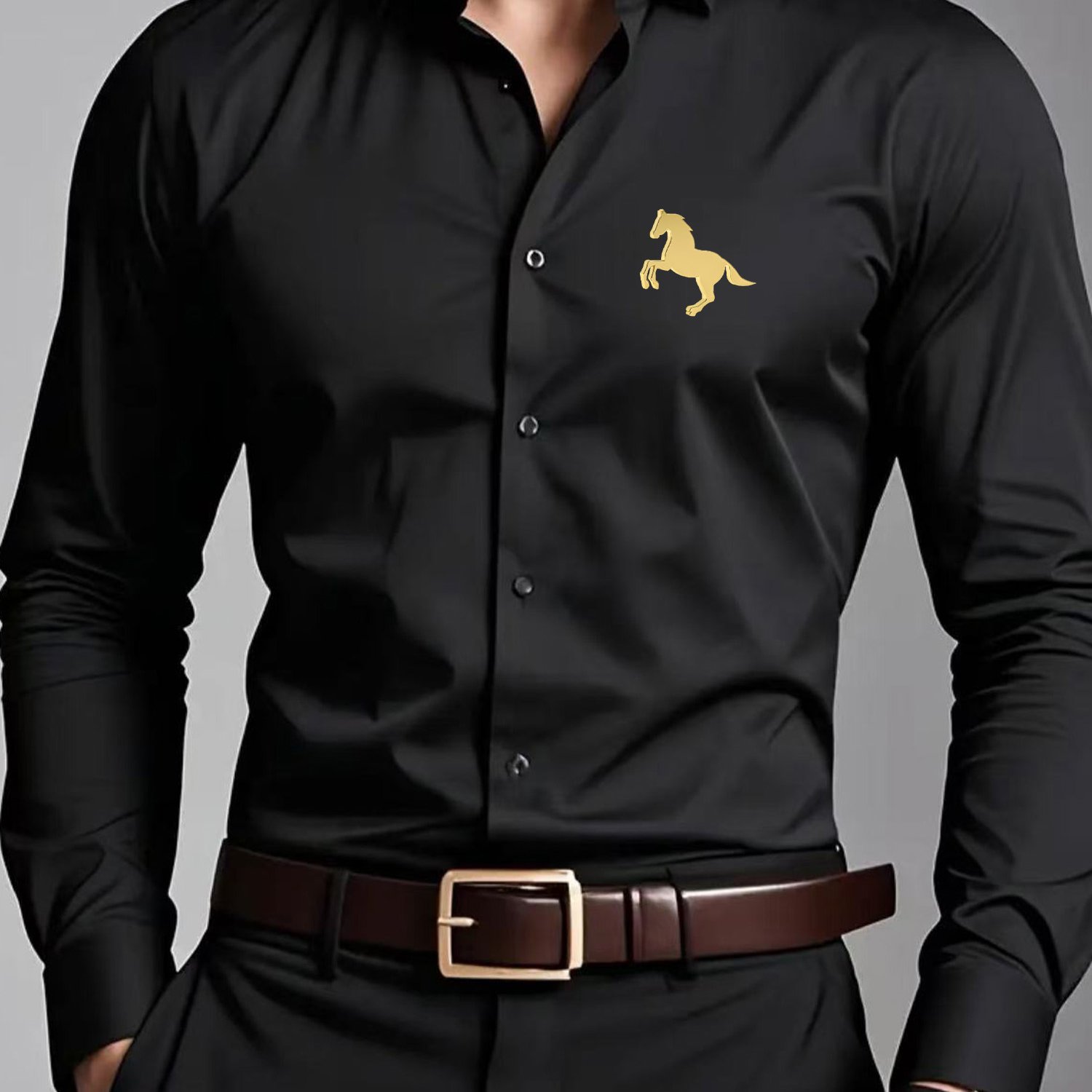 TEMU Men's Long Sleeve Running Horse Print Shirt Button- Blouse, Business Casual Versatile Fashion Trendy