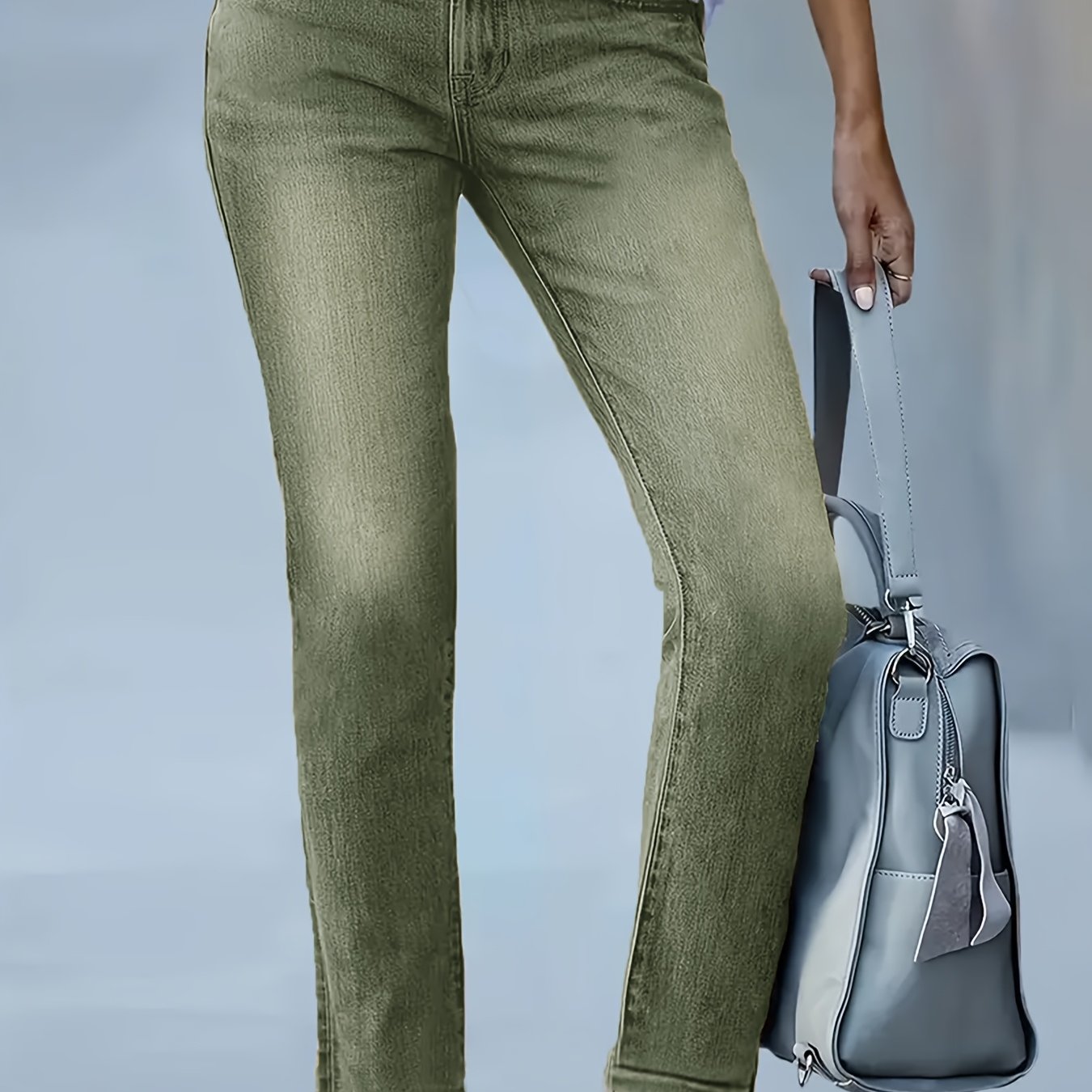 Women's Easy And Fashionable Stretch Denim Trousers, Washed Military Green Elegant And Versatile Casual Pants, Suitable For , Ideal For Work, , And . Comfortable And Form-fitting Versatile Pants