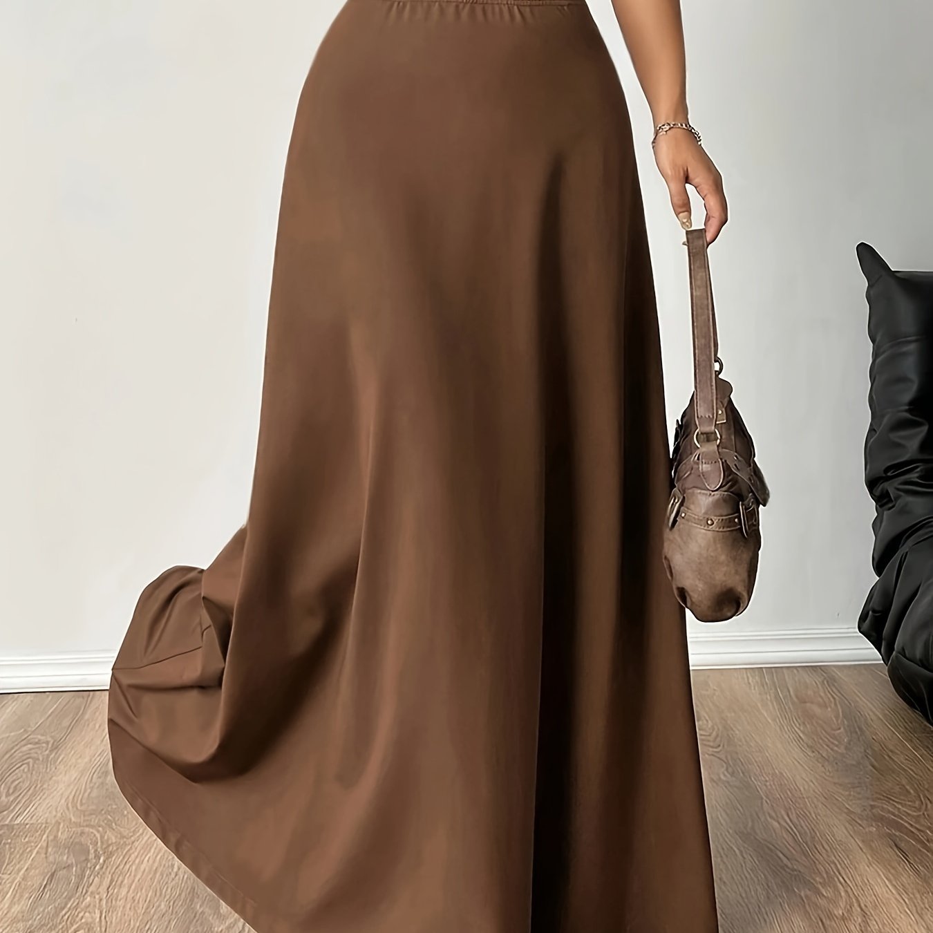 TEMU Solid Color High Waist Skirt, Elegant Pleated Maxi Skirt For Spring & Summer, Women's Clothing