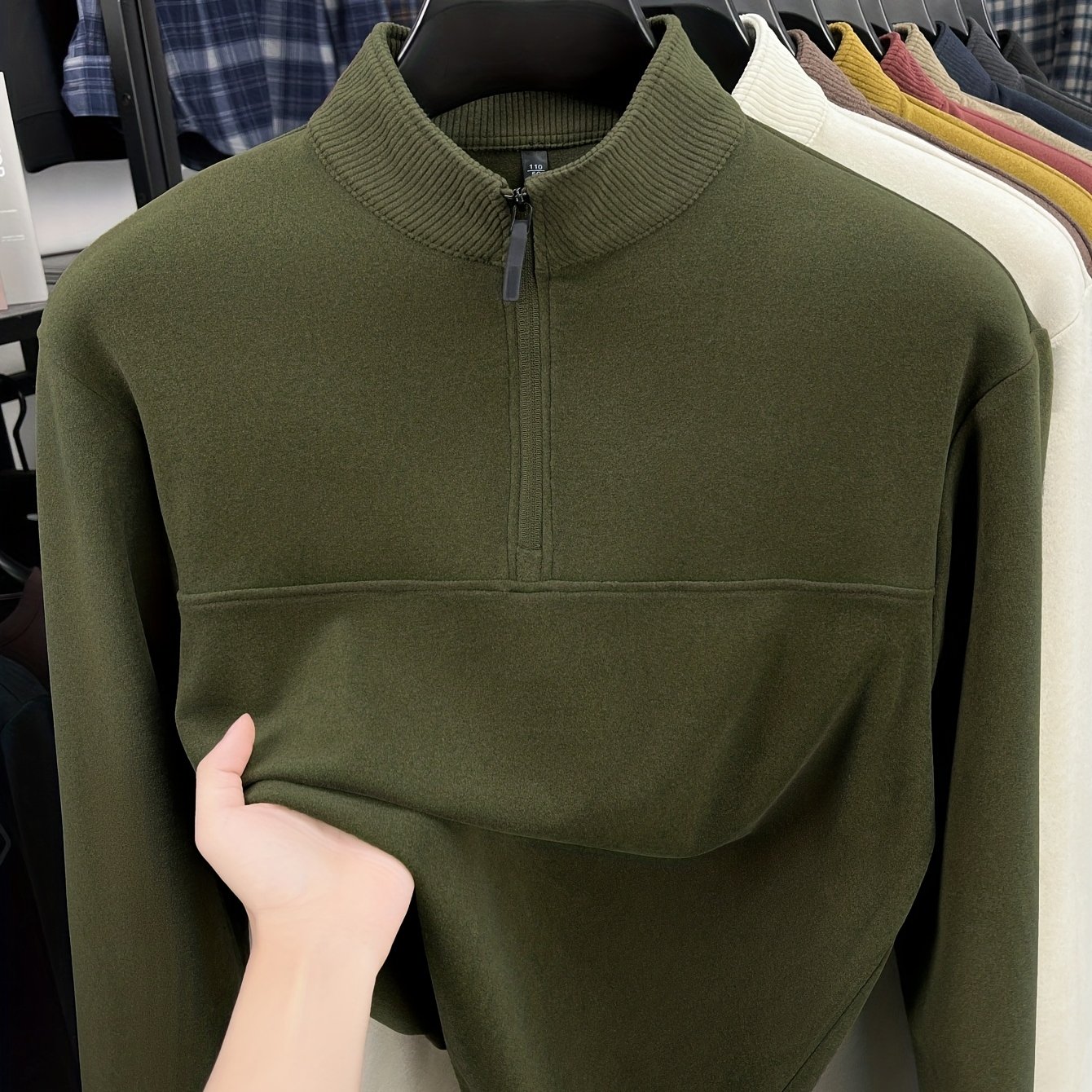 TEMU Autumn Winter Men' Color Long Sleeve Thickened Hoodie Stand Collar Contrast Zipper Athletic Warm Base Layer