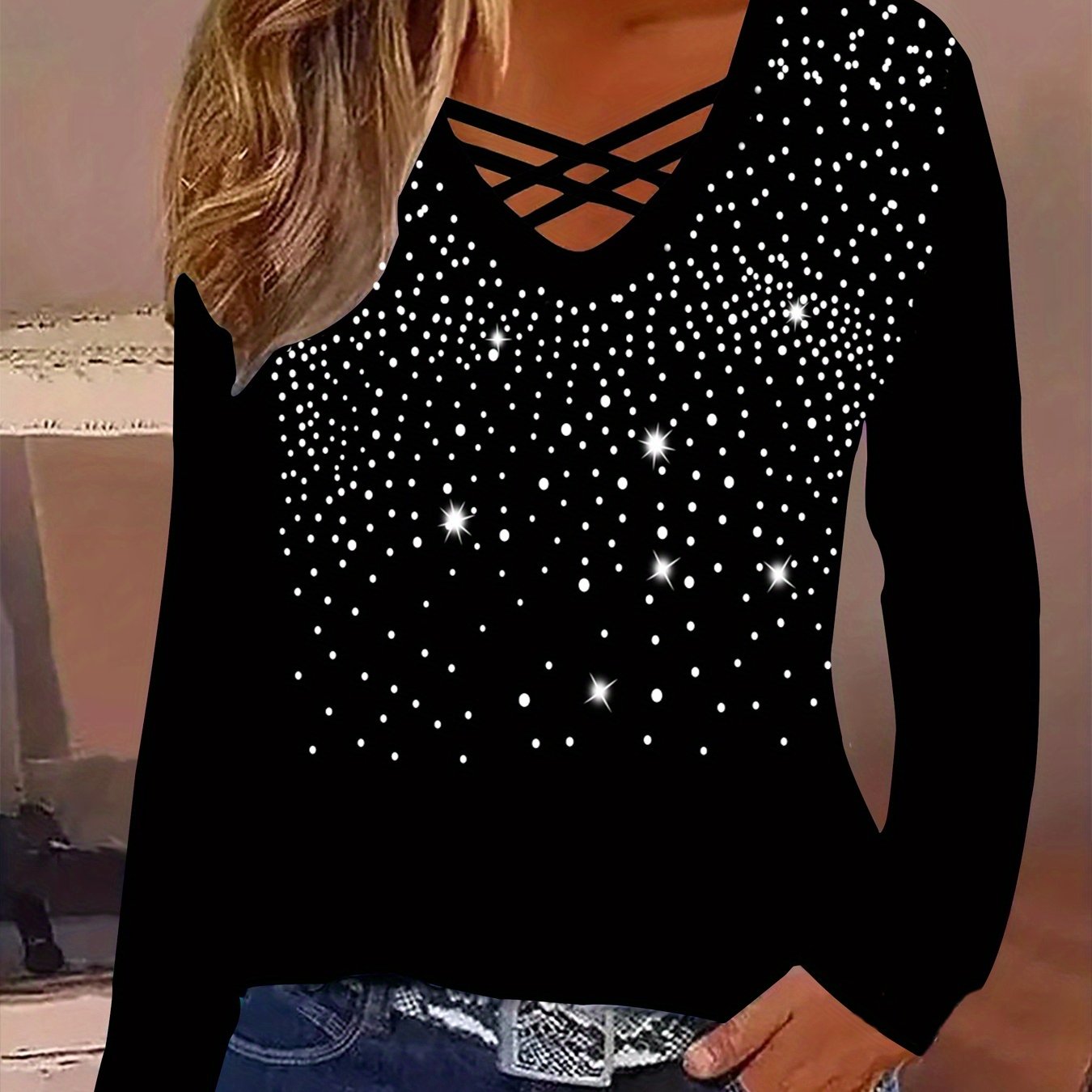 Image of Elegant Women's Long Sleeve V-neck Cross-strap Rhinestone T-shirt, Trendy Slim-fit Full-starry Sky Rhinestone Top