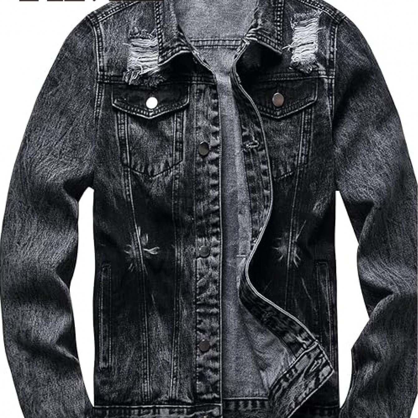 Image of 160hme Denim Jacket | Heavy Snow Washed Distressed Style, Street Biker Vibe, Non-stretch Machine-washable Fabric, Button-front, Lapel Collar, Classic 4-, Trendy & Versatile