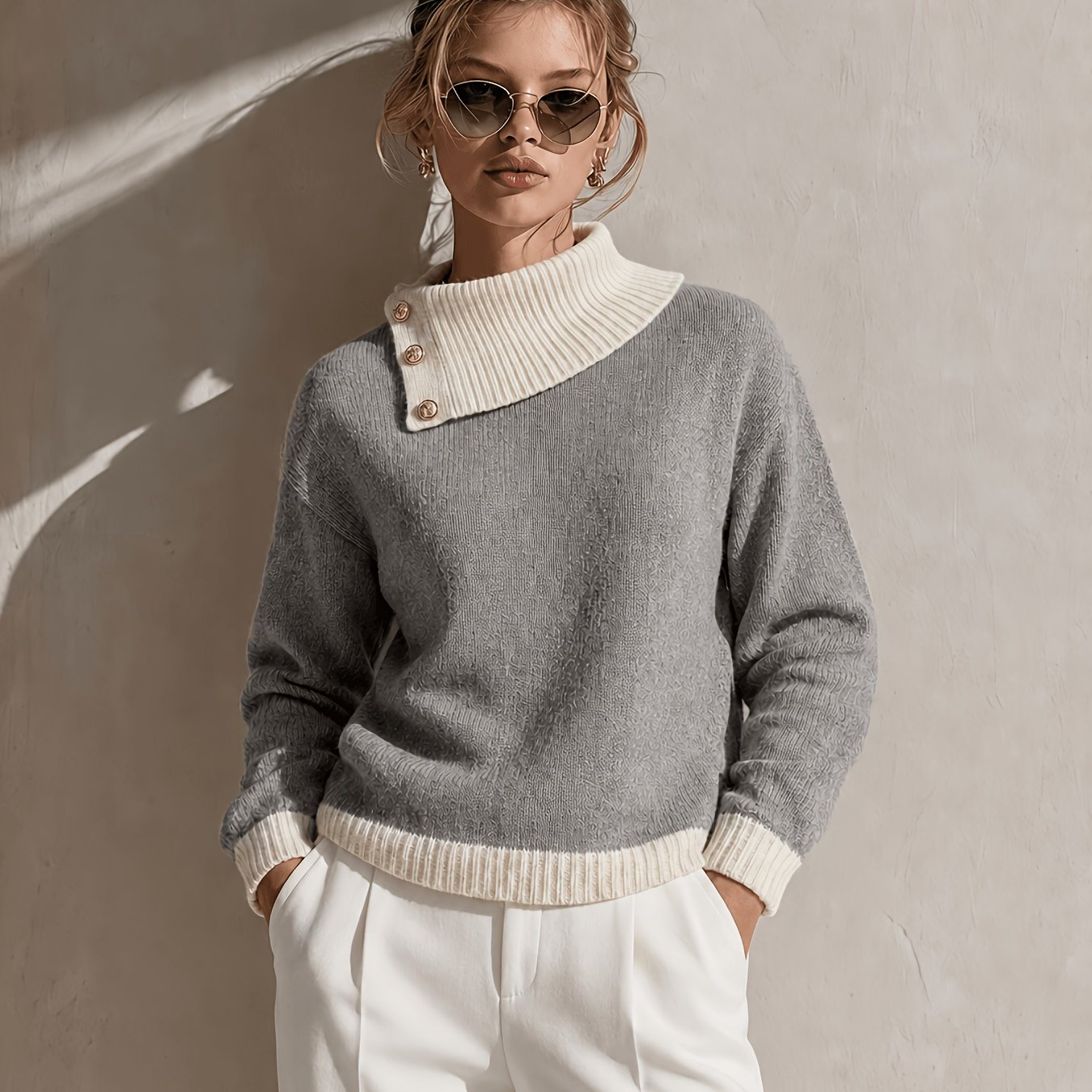 TEMU Women's Autumn/winter Sweater, Turtleneck Sweater With Side Button Decoration, Asymmetrical Neckline Top, Long-sleeve Pullover Sweater, Loose