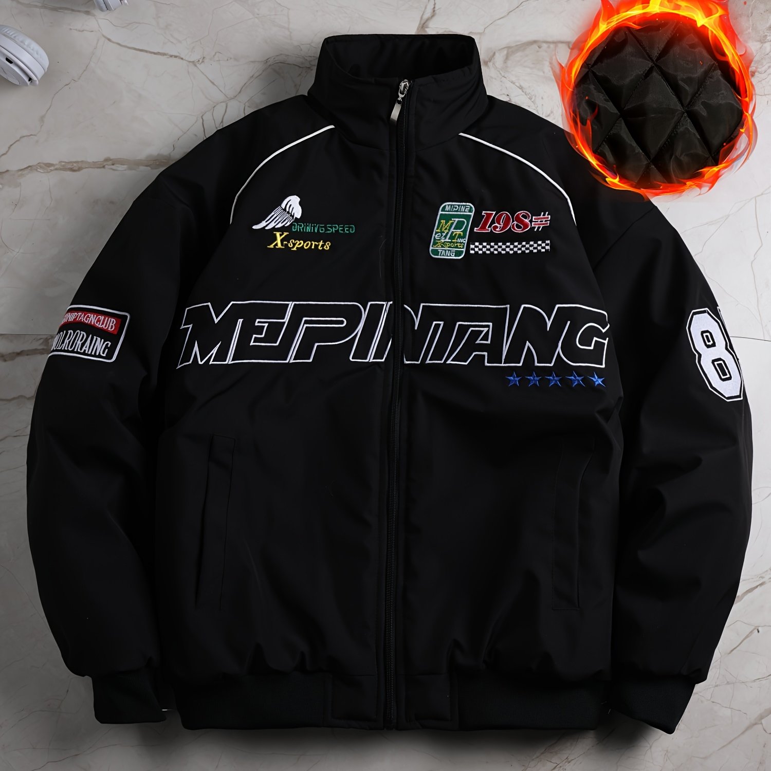 Image of Men's Racing And Motorcycle Style Jacket, Trendy Letter Print With Zipper Design, Loose Fit, Street Style Fashion, Casual Men's Jacket, Autumn Layers