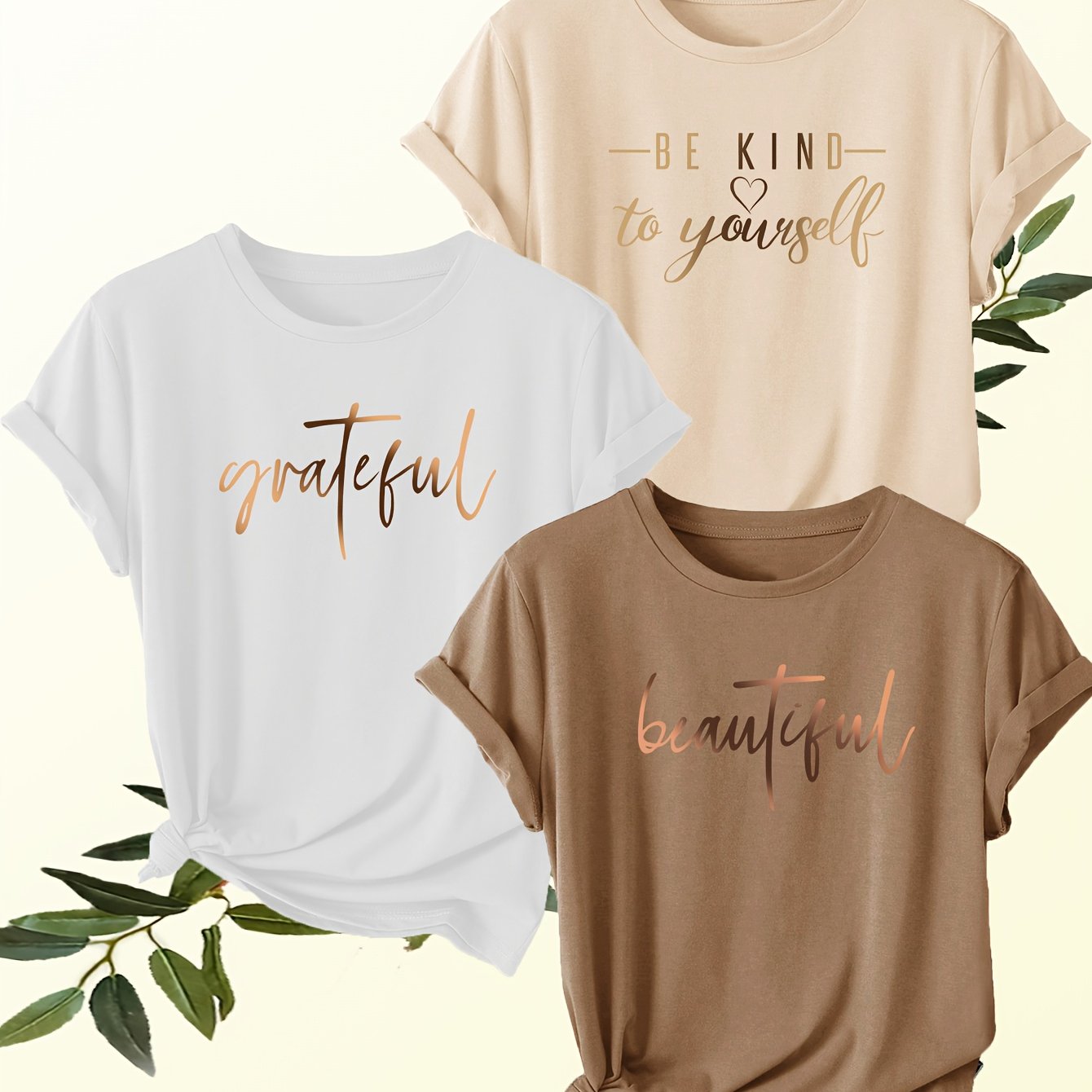 Image of Women's 3pcs Golden Letter Print Round Neck Short Sleeve Tops, Versatile Casual Sport T-shirts, Soft And Comfortable Fabric, Wear, Machine Washable