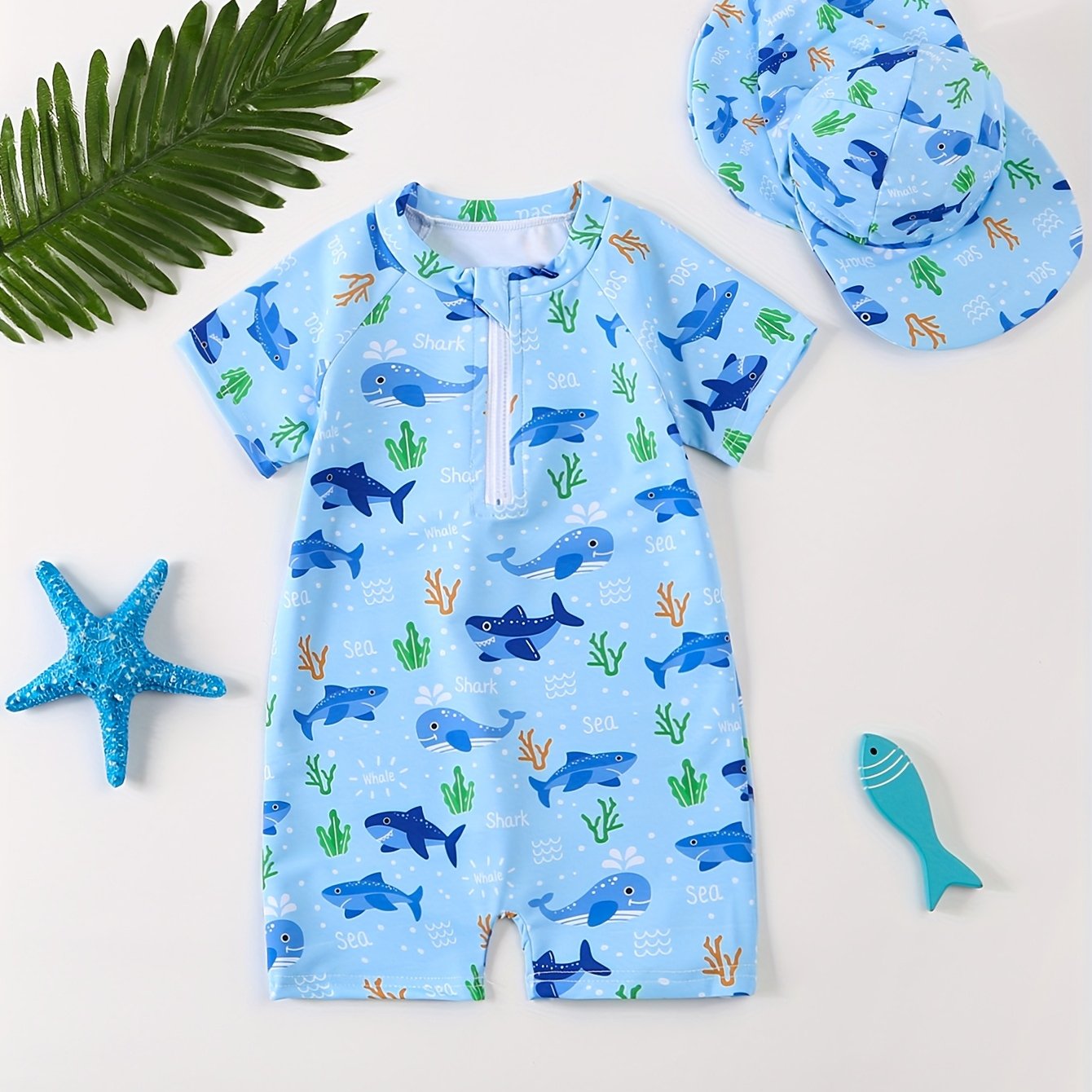 Image of Children's Cute Print Short Sleeve Swimsuit With Sun Hat ,beach Swimming Quick-dry Swimwear