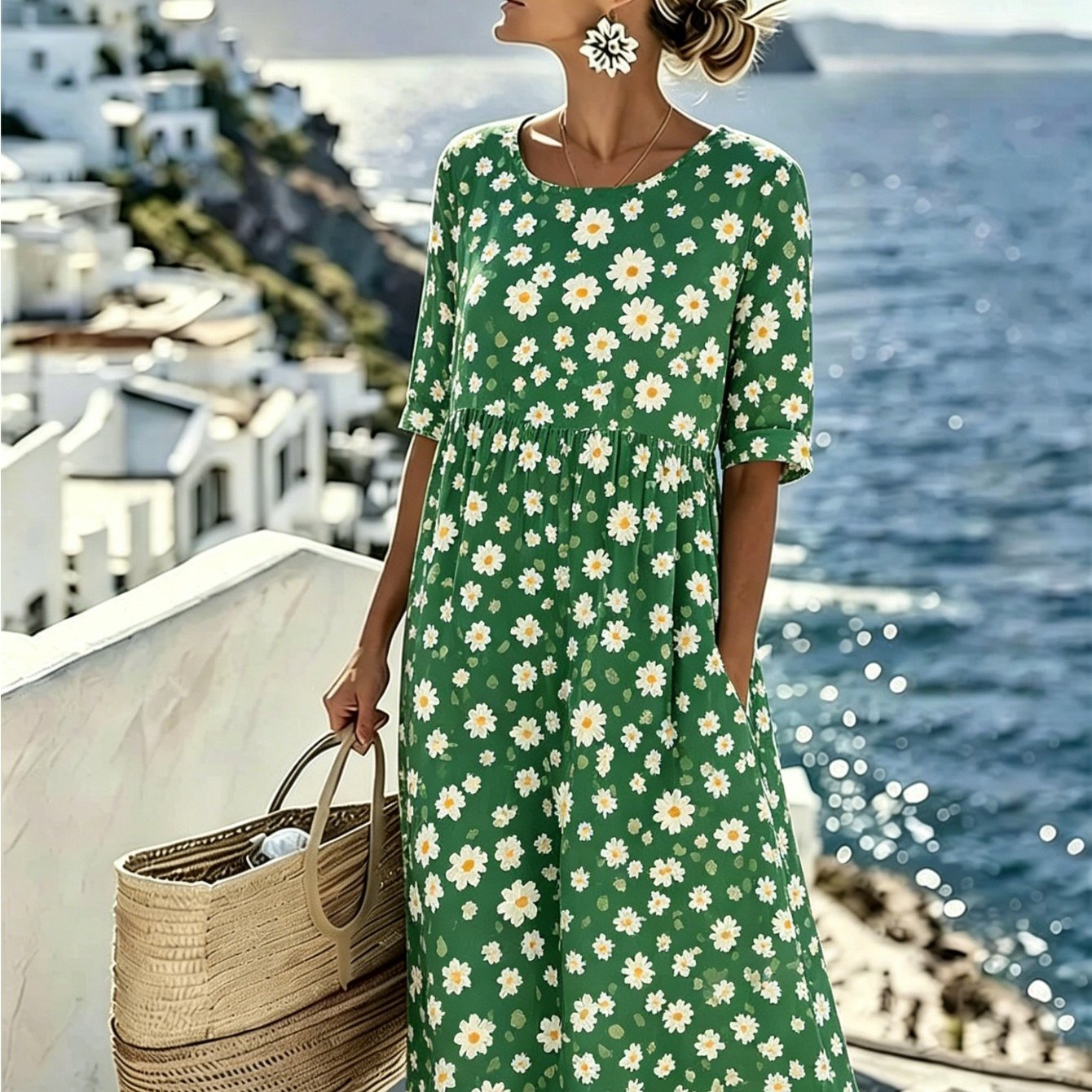 Women's Cream Base Watercolor Pink Floral Print 3/4 Sleeve Loose Midi Dress With Pockets, Casual Summer Beach & Vacation Dress