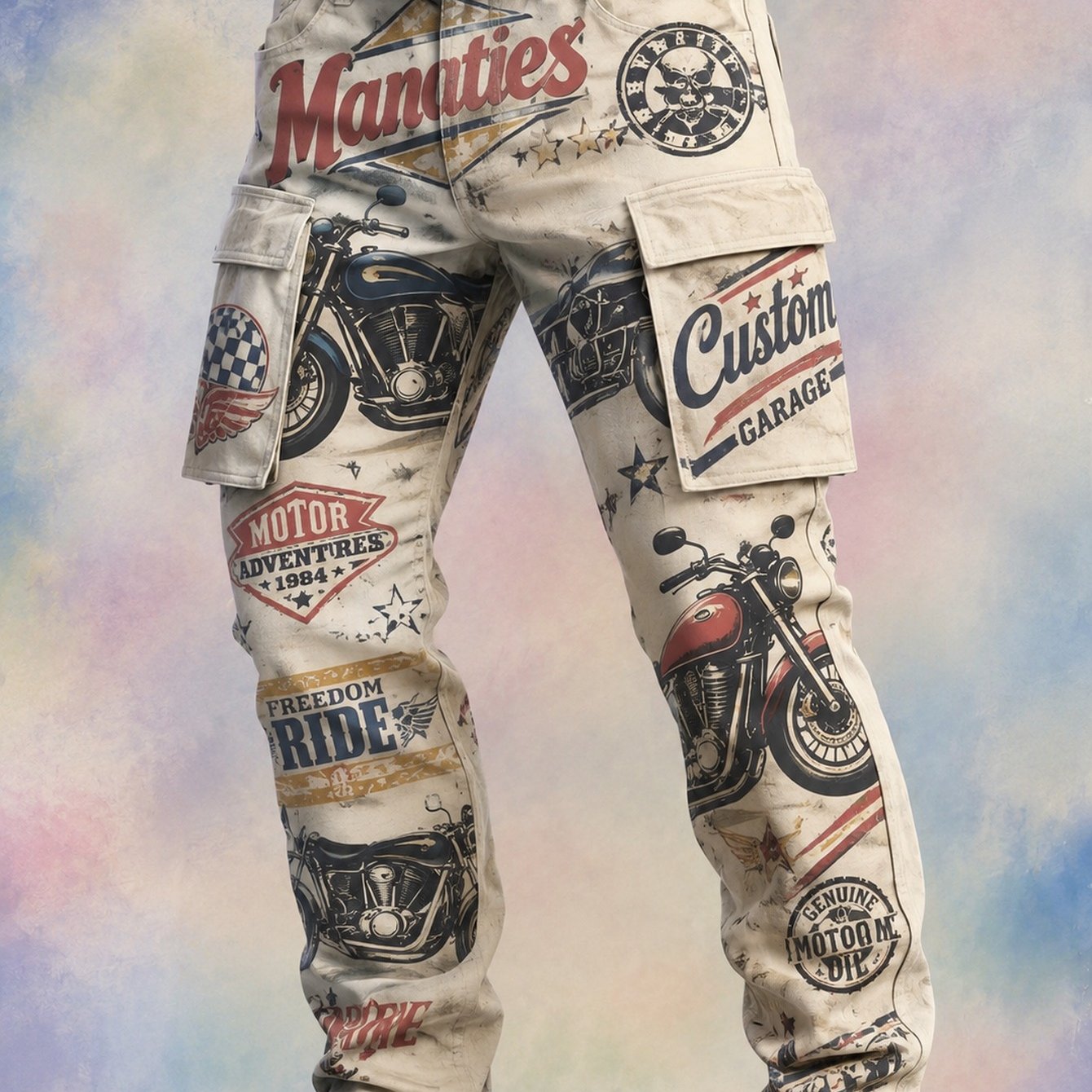2026 Men's Printed Work Pants (belt-free): Casual Versatile Men's Casual Trousers With Motorcycle-themed Design