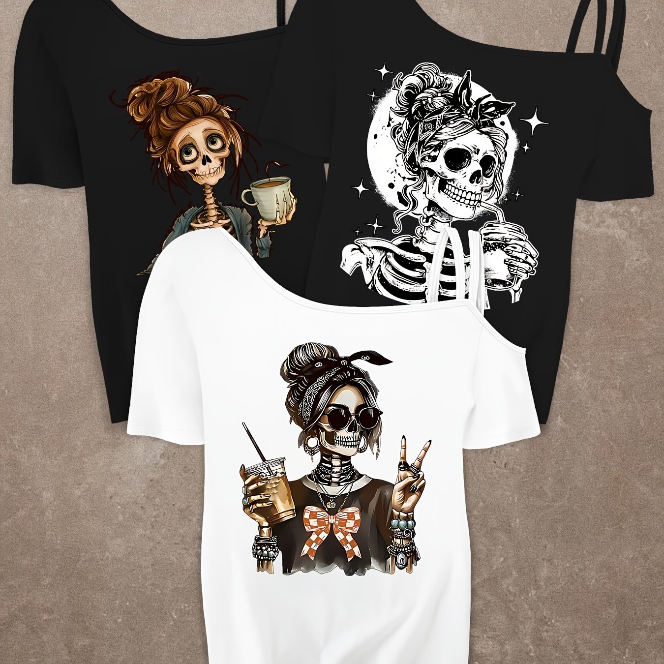 TEMU Skull Pattern 3pcs Set, Beautiful Women's Top, Loose Fit, Sporty, Elegant, Party, Fashionable Gift, Soft, Machine Washable, Casual, Cute, Soft,