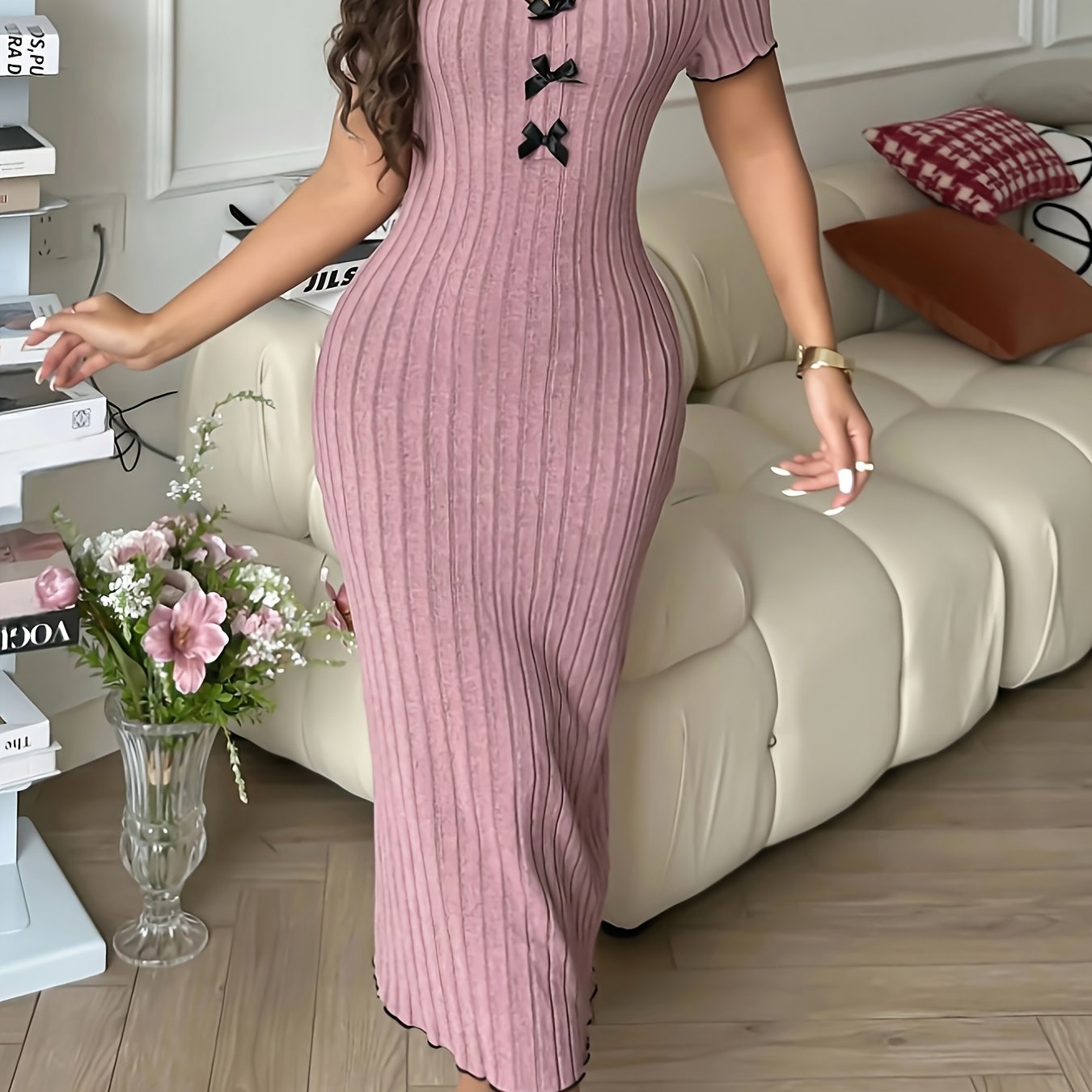 Image of Women's Elegant V-neck Nightgown With Bow Accent - Long Nightdress, Soft Loose-fitting Pajama Dress For , Machine Washable Sleepwear For & Pregnancy (if Applicable) - Female Solo Sleepwear