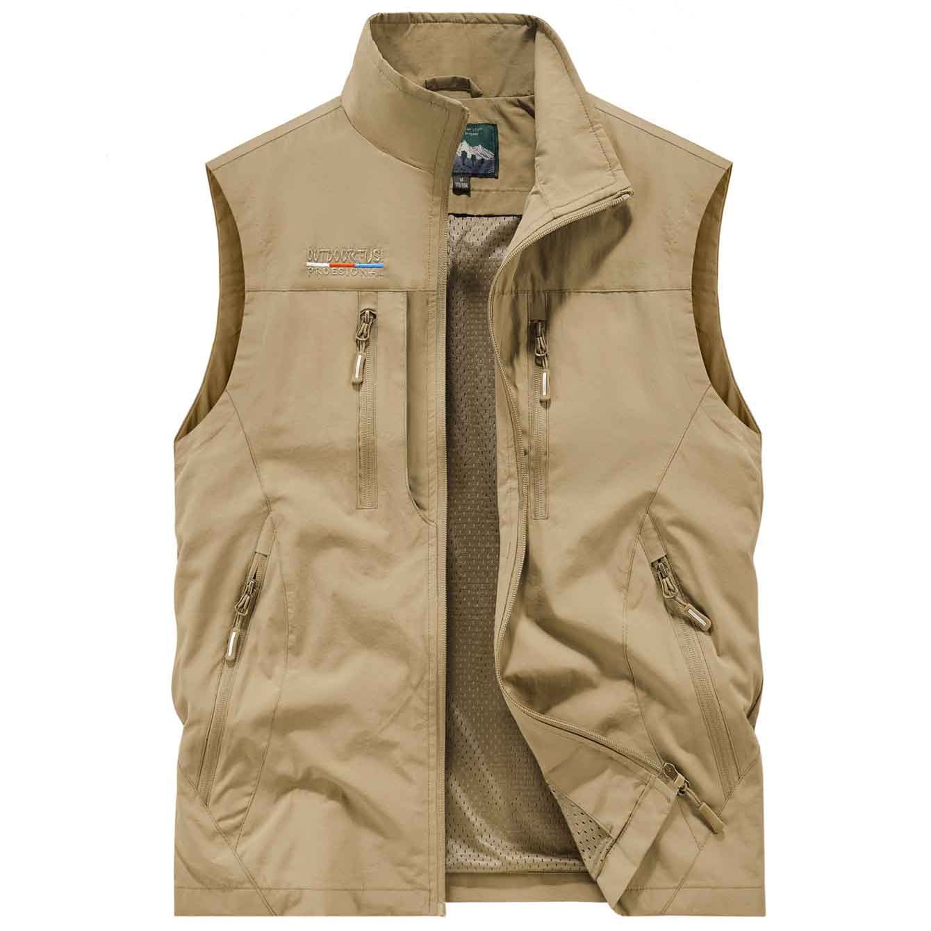 TEMU [ Obm] Easy Multi-pocket Solid Color Loose Mesh Breathable Outdoor Utility Vest For Hiking, Fishing, Photography, Running, Collar