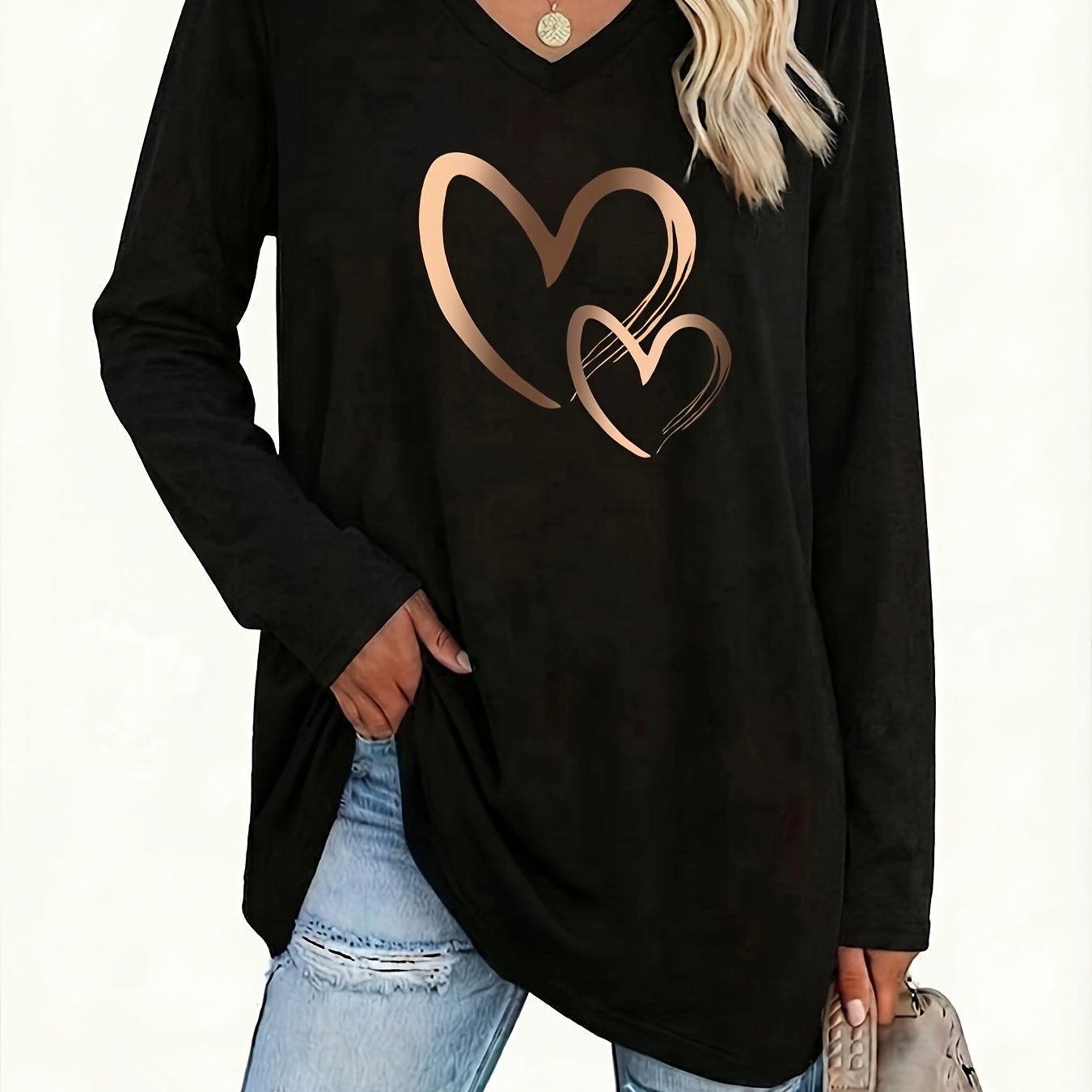 TEMU Plus Size Women' Color V-neck Long Sleeve T-shirt