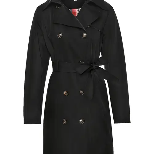 womens double breasted long trench coat with removable hood adjustable belt elegant v neck bow detail solid black winter coat for casual stylish wear durable outdoor wear