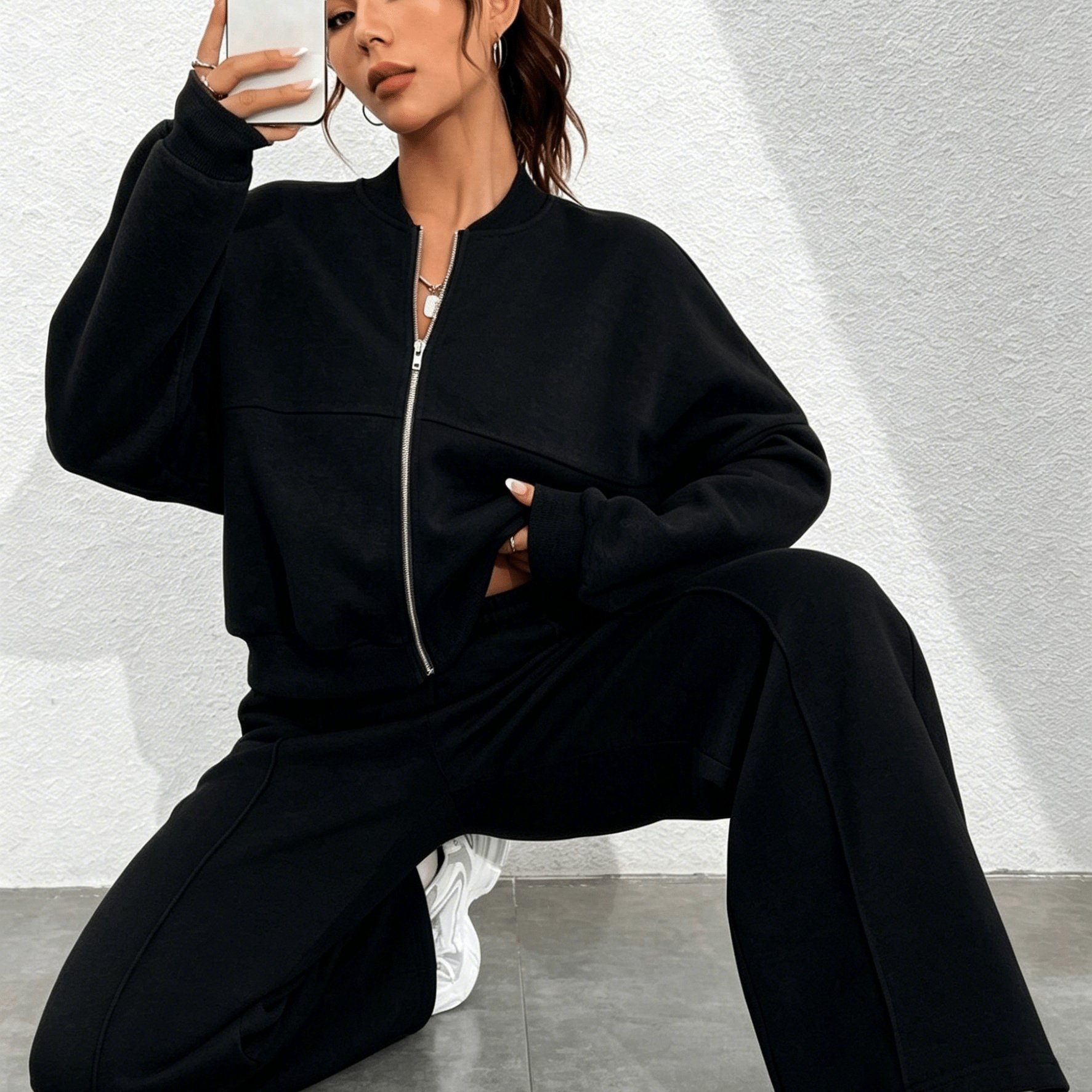 TEMU Conjunto deportivo de otoño/invierno para mujer. La parte superior un diseño de cremallera frontal sin capucha para ponerse y quitarse