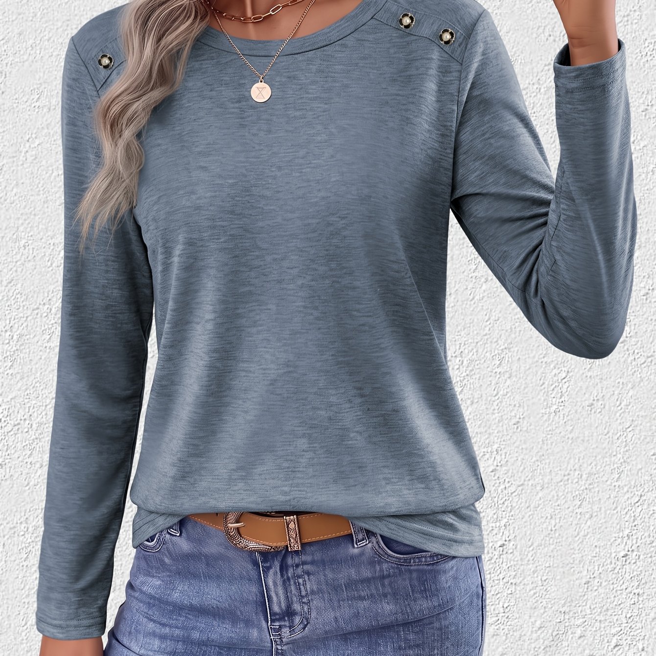TEMU New Autumn/winter Casual Fashion Solid Color Backpack-style Button Crew Neck Long Sleeve T-shirt