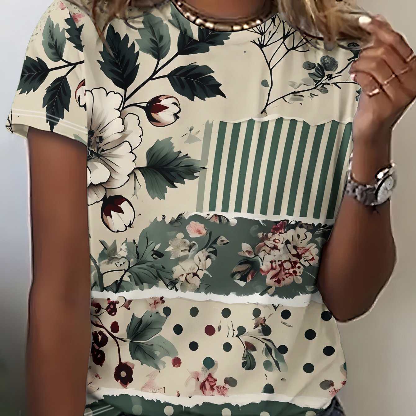 TEMU New Summer Women's Short-sleeve T-shirt, Multi-set Vintage Torn With Floral, Striped, And Polka , Fresh And Elegant - Polyester Fiber, Machine