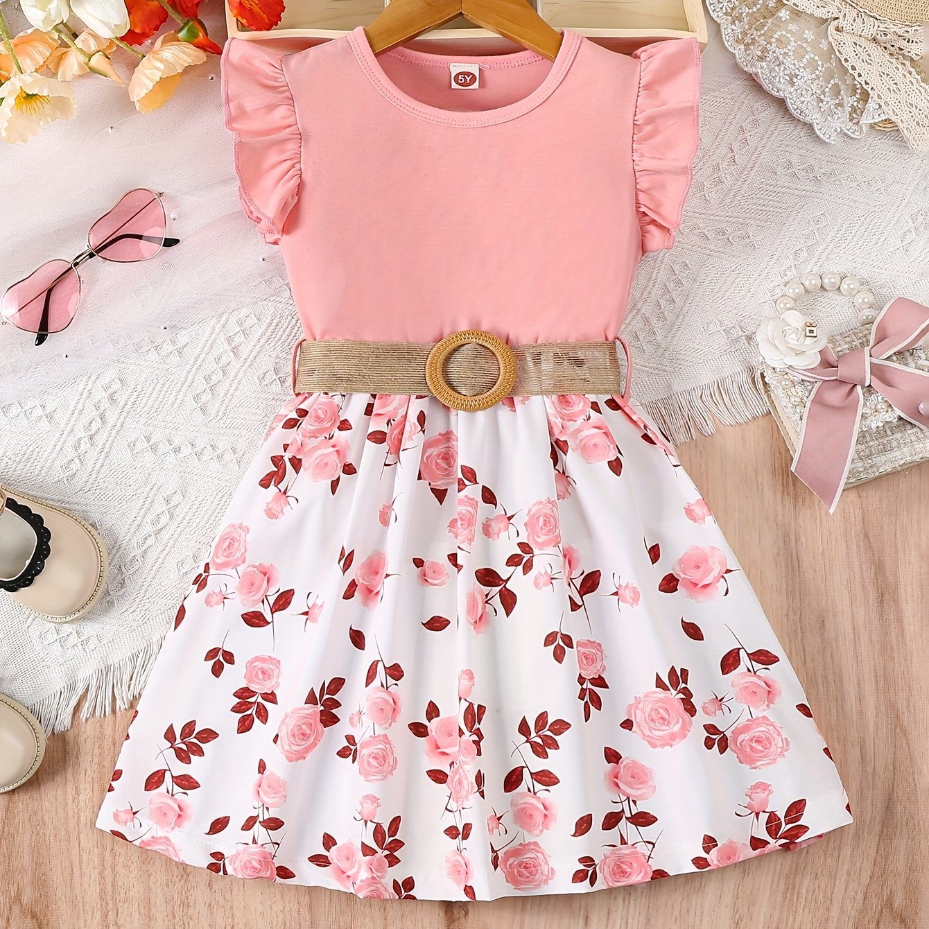 Image of Girls' Casual Print Ruffle Hem Flutter Sleeve Waist-cinching Dress With Belt, Summer
