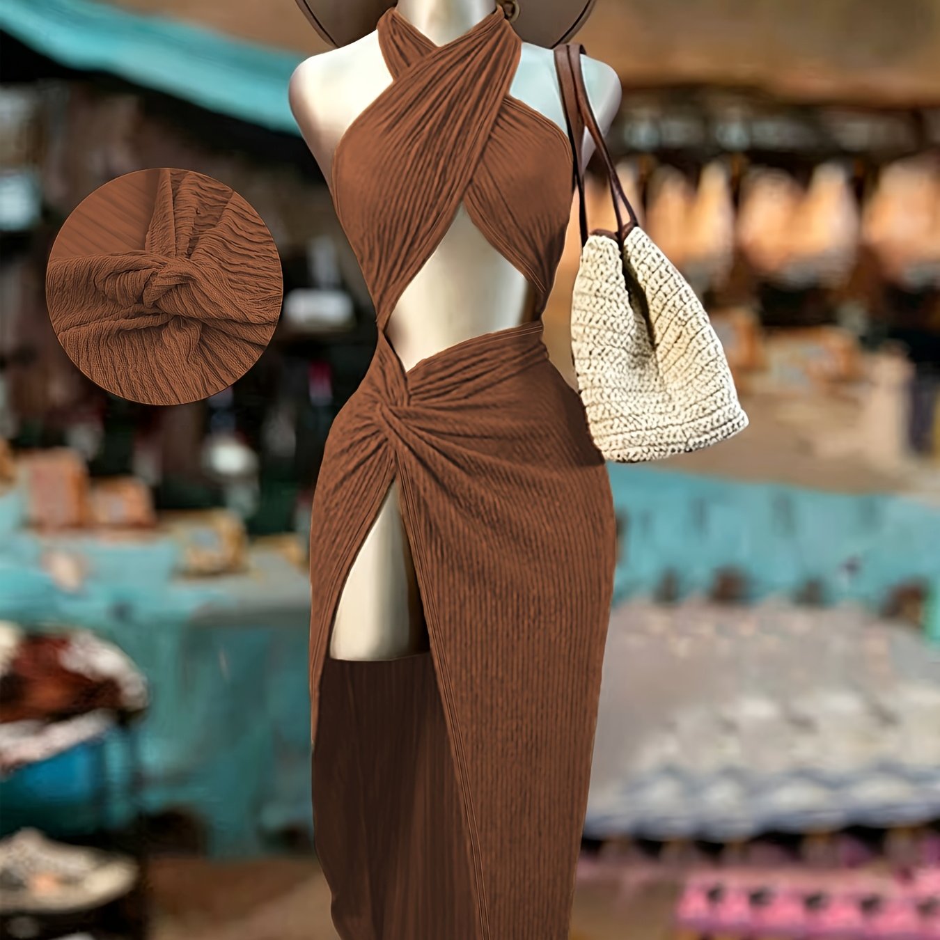 TEMU Waist-revealing Twist Knot High Slit Maxi Dress, Figure-flattering Vacation Dress, Sexy Cross-neckline Cut-out Maxi Dress, High-waist Twist Knot