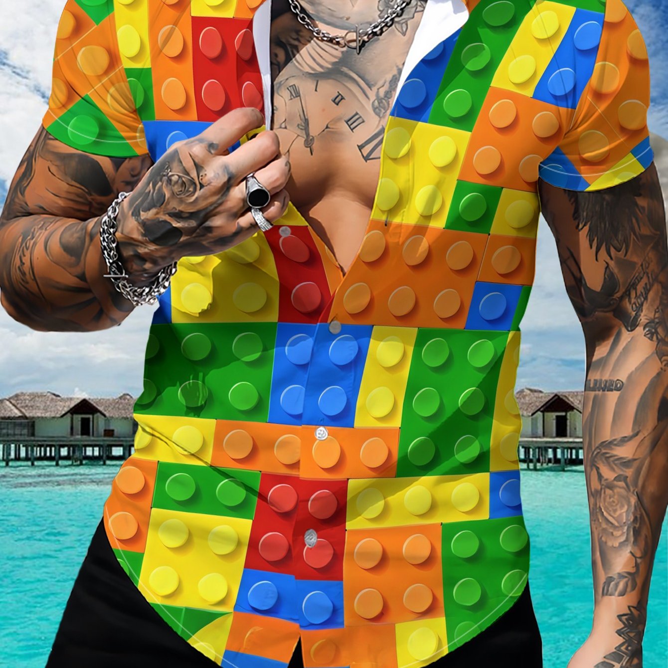 TEMU Men's Casual Short-sleeve Beach Shirt With A Creative Background Made Of Colorful Blocks, Breathable Short-sleeve Hawaiian Shirt Suitable For