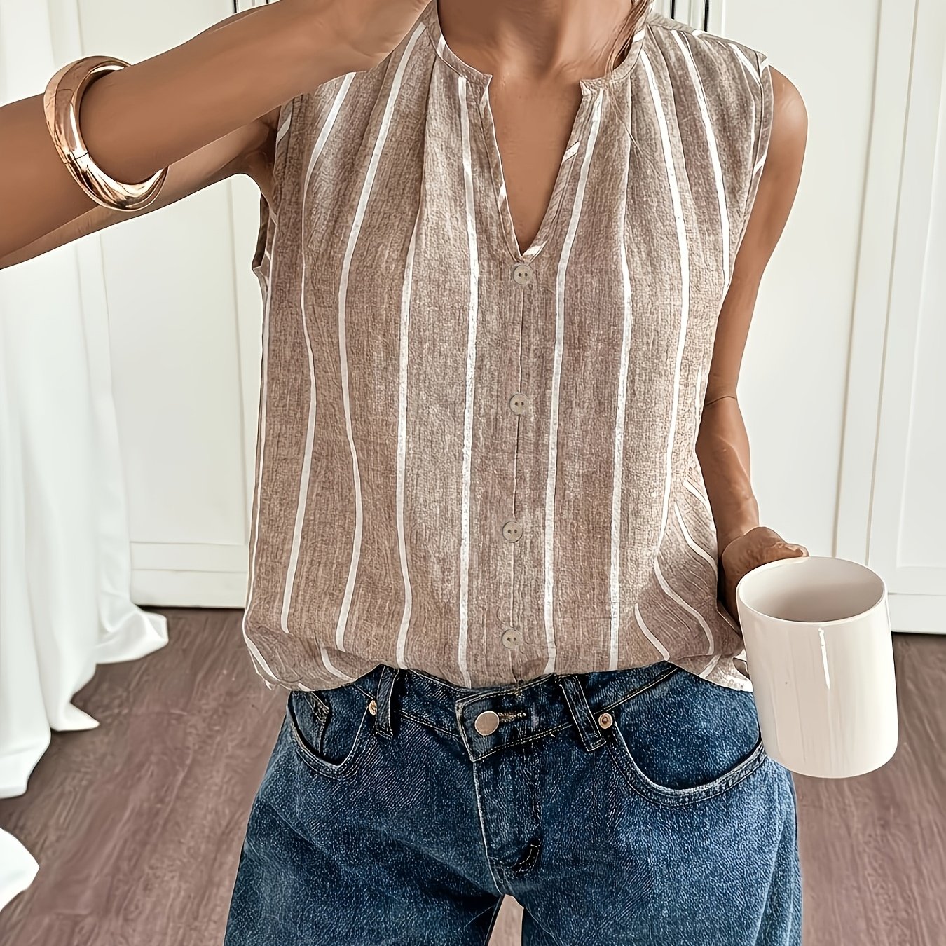 TEMU Women's Casual Striped Printed Neck Cutout V-neck Top, Loose Sleeveless Shirt, Summer French Striped Sleeveless Blouse, Suitable For Spring And
