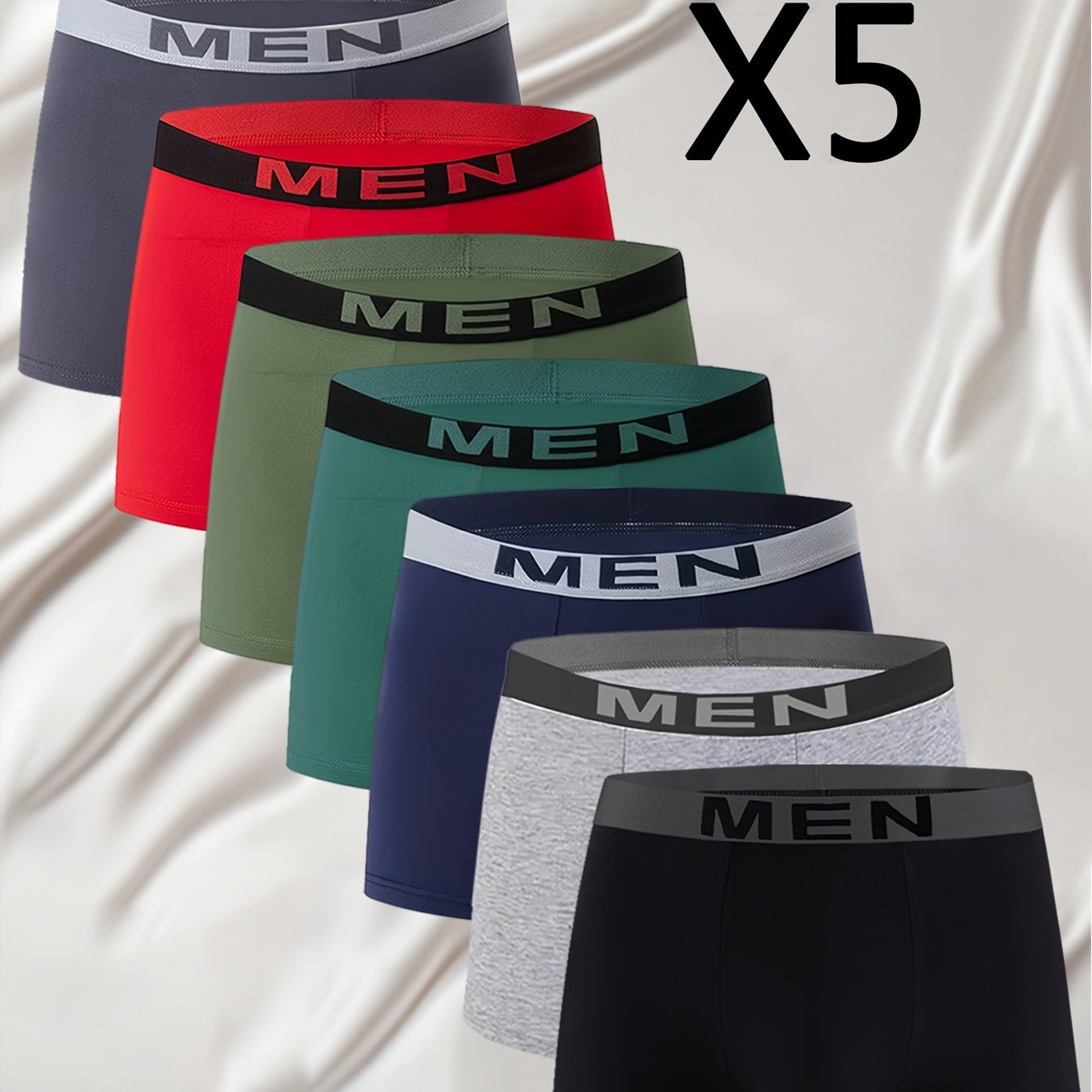 E-shop 5-teiliges Herren-Boxershorts-Set – Atmungsaktiv – Elastischer Bund mit glatter Textur, Uni-Farben (Schwarz, Rot, Grün, Weiß, Marine & Hellblau)