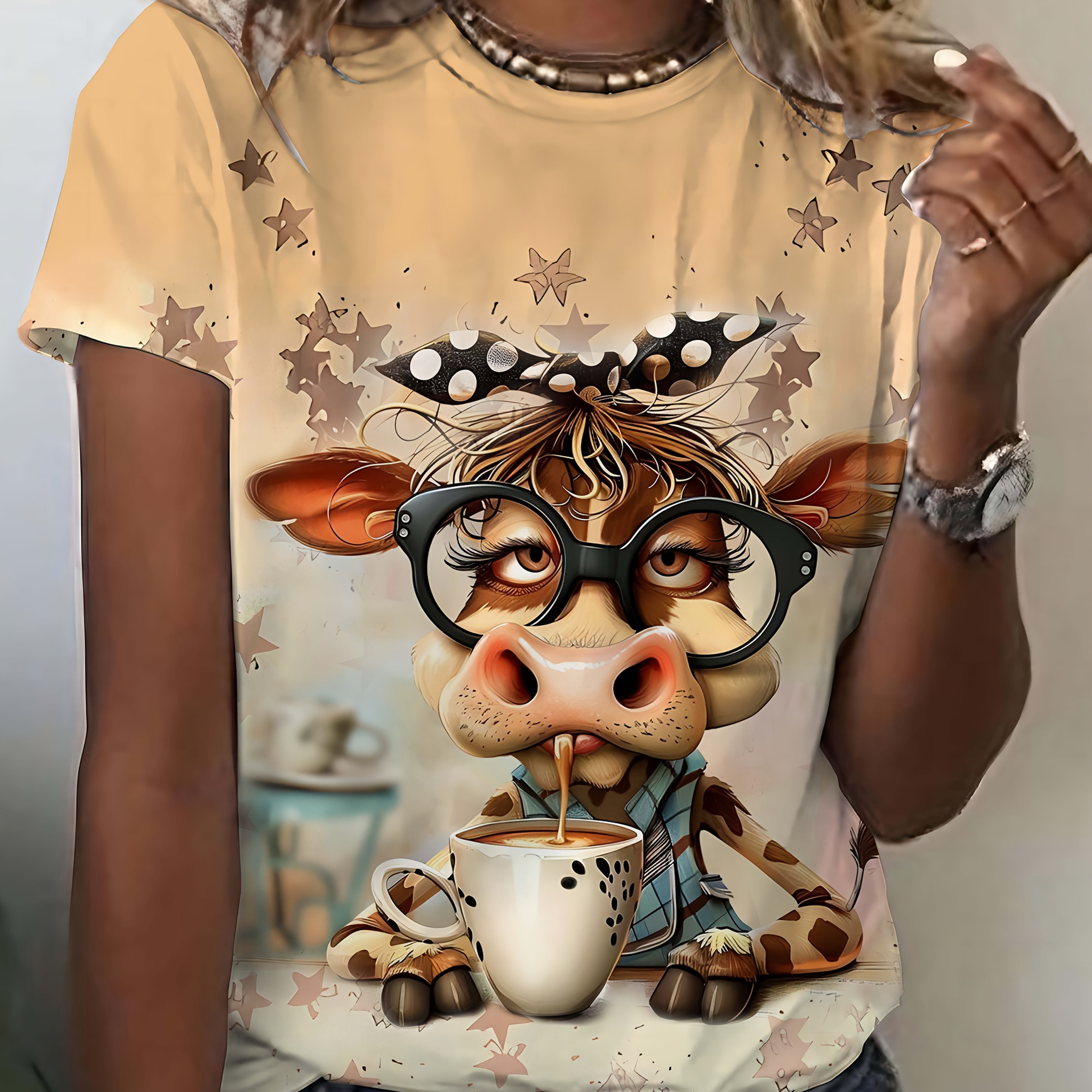 Image of Pattern Print Design, Women's Fashion, Women's Casual And Comfortable Sports Top, Women's Round Neck T-shirt, As A Gift