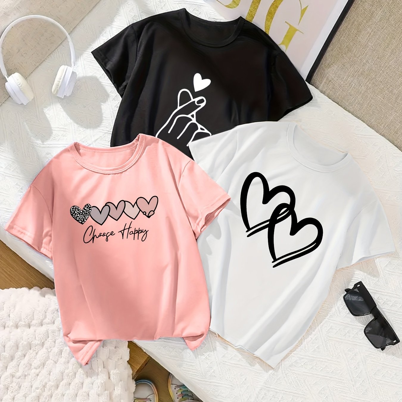 Image of 3pcs New Style, Girls' Summer And Spring Short-sleeved T-shirt, Love Heart Letter Print, Trendy And Fashionable Print, Girls' Casual Travel T-shirt, Soft And Quick-drying Round Neck T-shirt