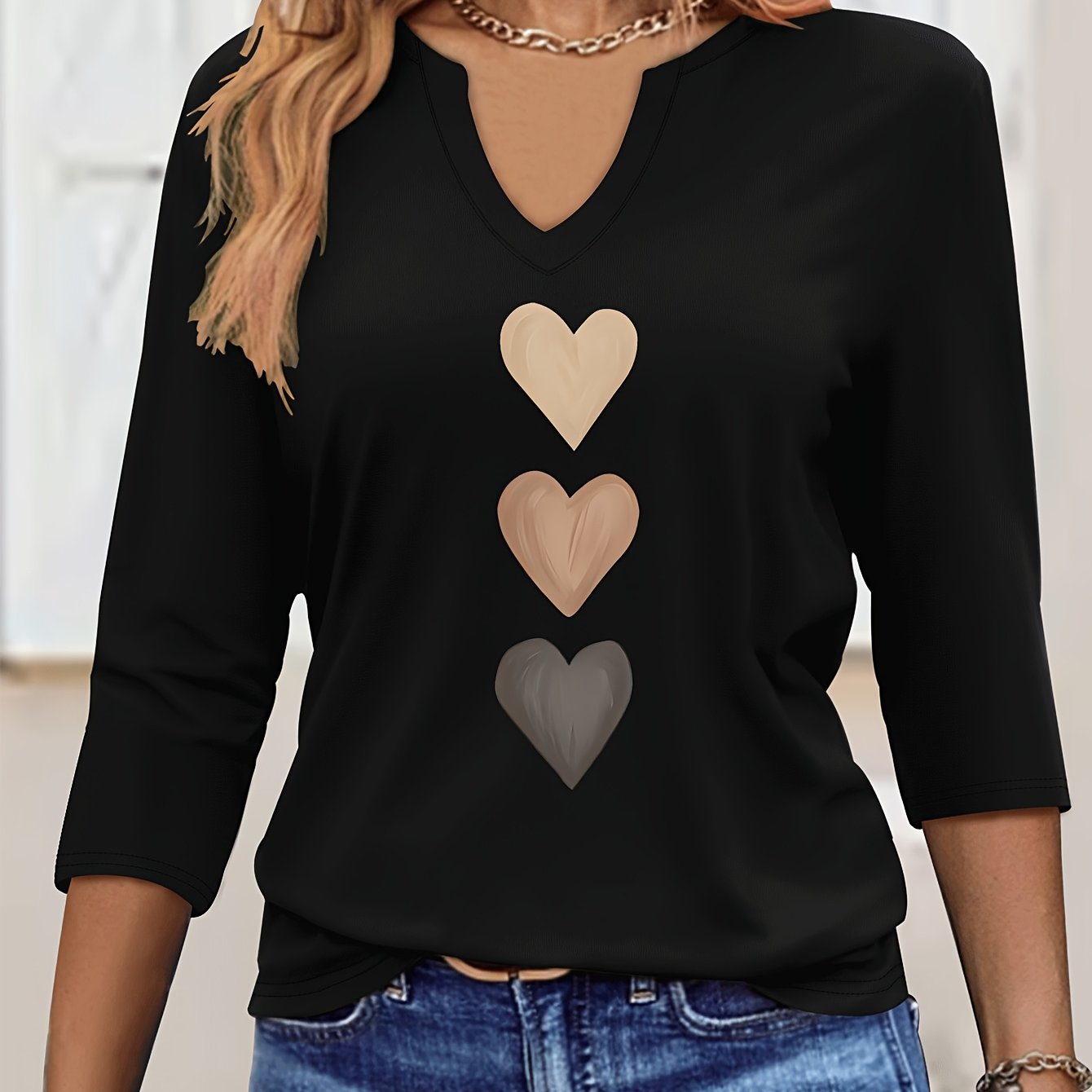 TEMU Graphic Print T-shirt, V-neck Three-quarter Sleeve T-shirt, Elegant Solid Color Top For Spring And Summer, Women's Wear
