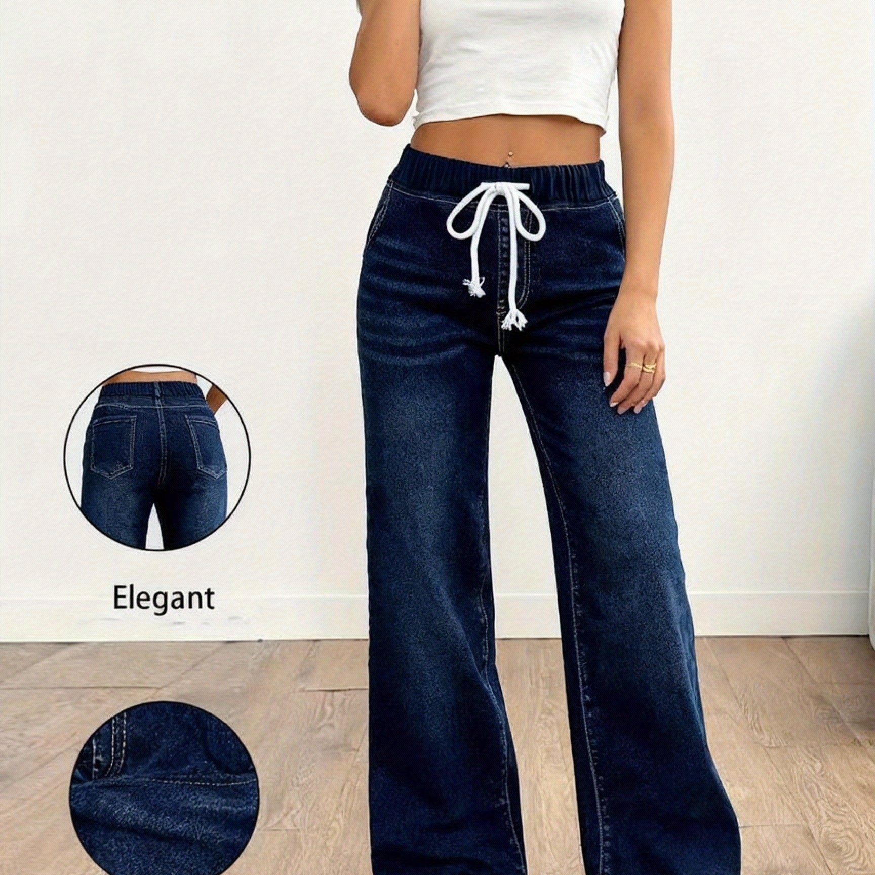 Image of 2026 Spring/summer Women's Fashion Loose Straight Jeans, Waistband With Elastic Drawstring, Comfortable Denim Fabric Clothing, Suitable For Outdoor Travel, Daily Shopping, Wear