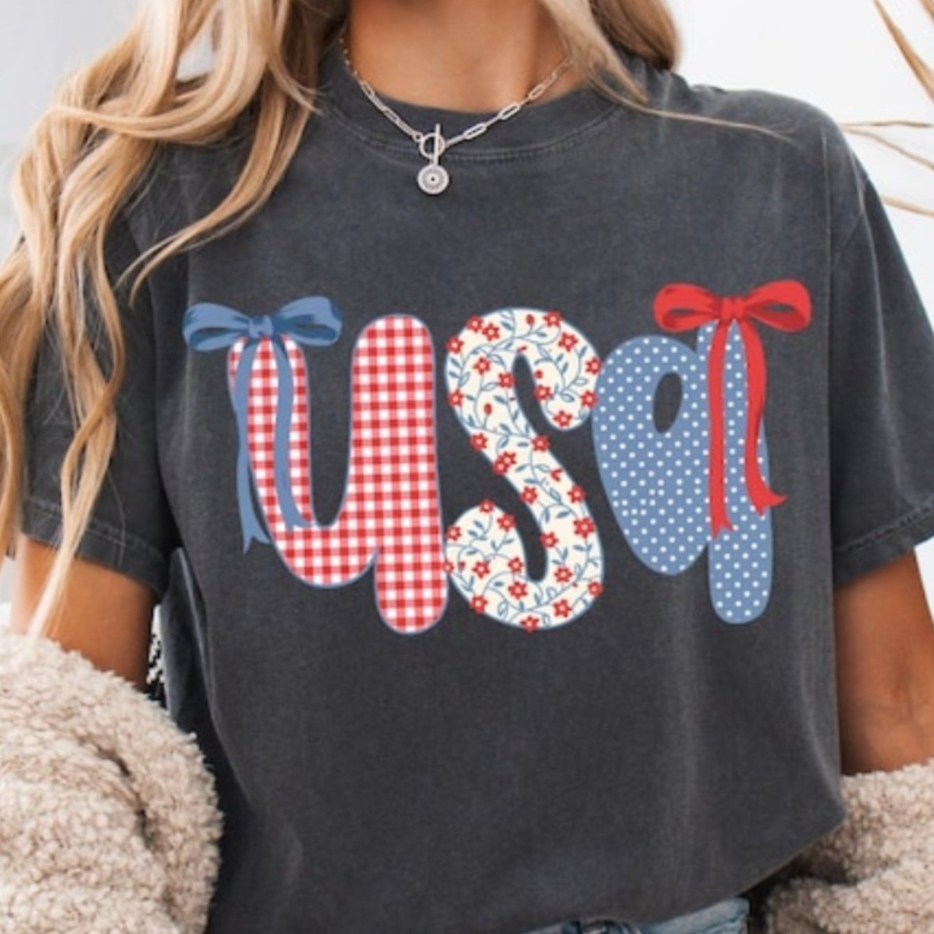 TEMU Women' & Unisex Suitable American Flag T-shirt - Stripe With Plaid Bow Bow Accent, Casual Crew Neck Short Sleeve Top, Machine Washable