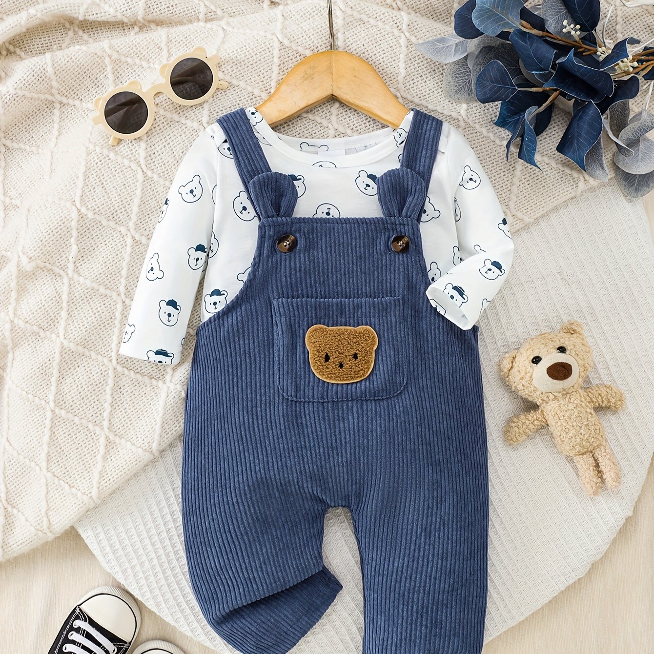 Image of Full Print And Corduroy Warm Overalls Stamp Bear 2pcs Set, For Outdoor, Boys And Girls Clothes