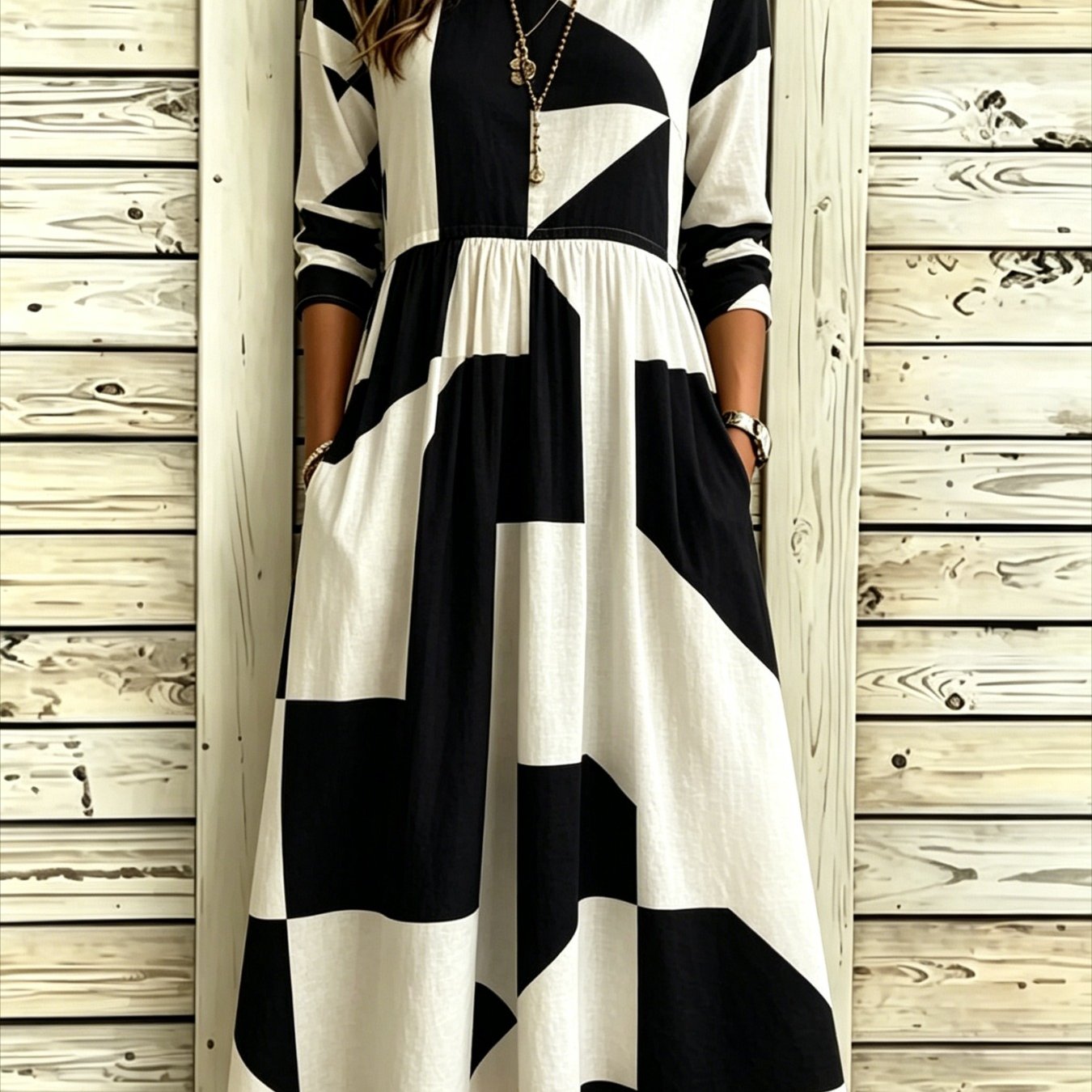 Women's Color- Print Round-neck Pocket Casual Midi Dress