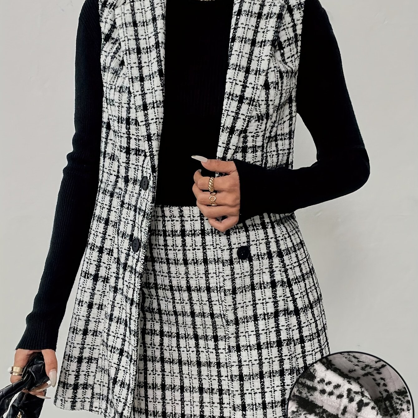 Image of Random Print Random Trim , Suit Vest And Back Waist Elastic Half Skirt, Elegant Casual (inner Dress Not Included)