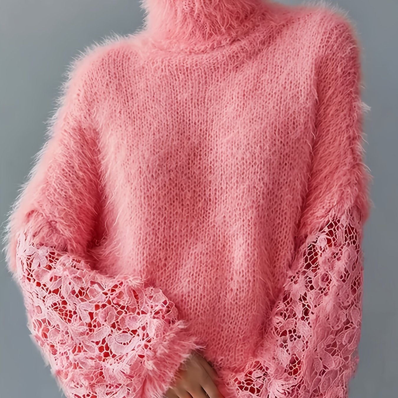 TEMU Haut à col et manches longues en dentelle, couleur unie, style lantern, décontracté, pour femmes, collection automne-hiver 2025 [ZLLZ]